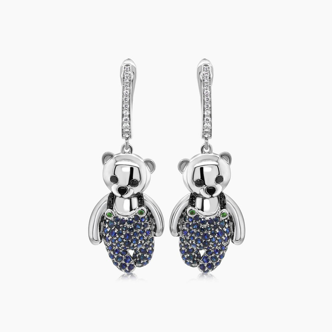 Blue Sapphire, Diamond & Onyx 18K White Gold Teddy Bear Earrings