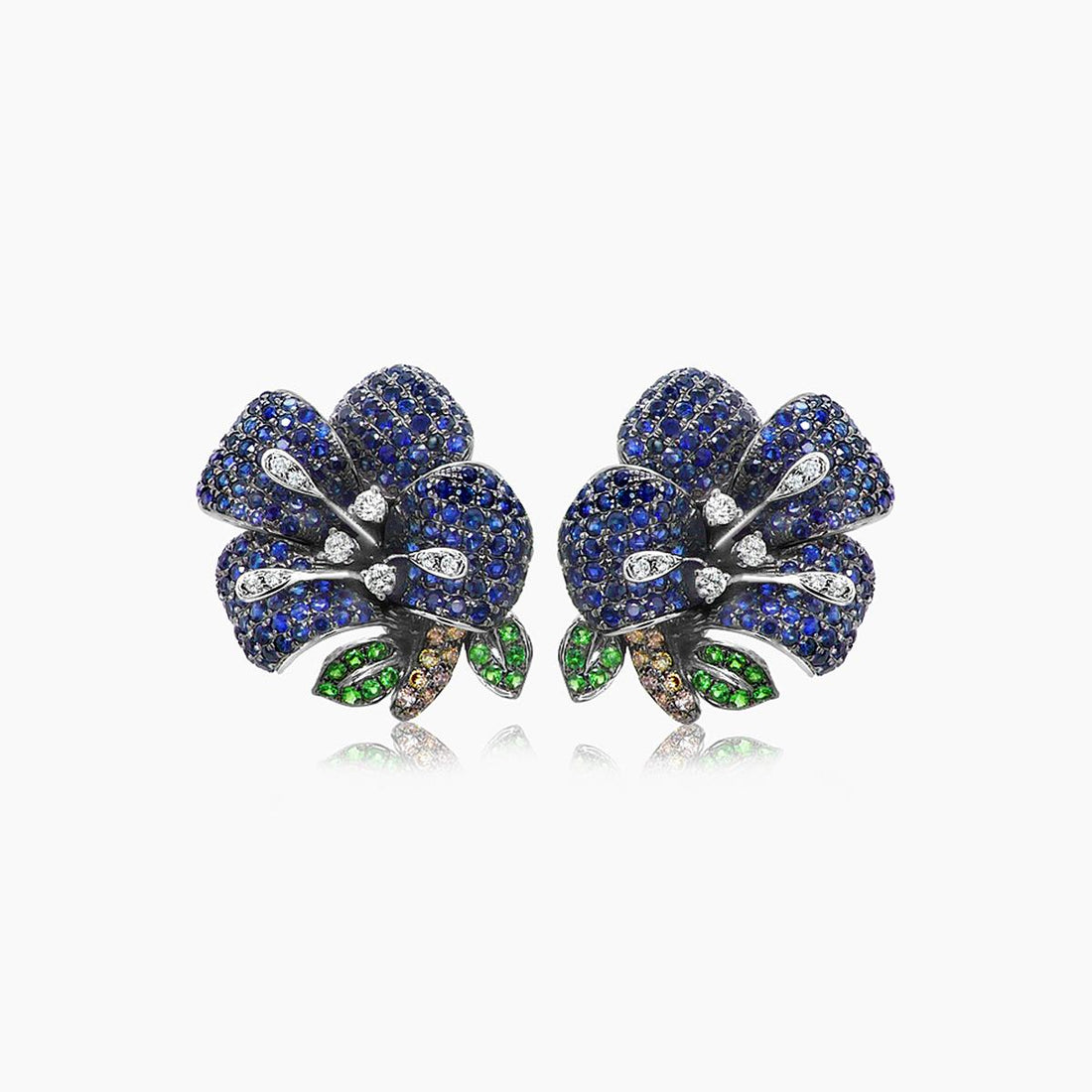 Blue Sapphire & White Diamond & Green Garnet Lilly Flower White Gold Earrings