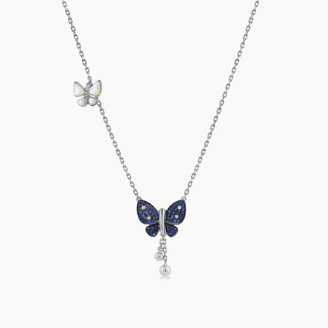 Blue Sapphire & Pearl & Diamonds Butterfly Sweet 18K White Gold Pendant Necklace