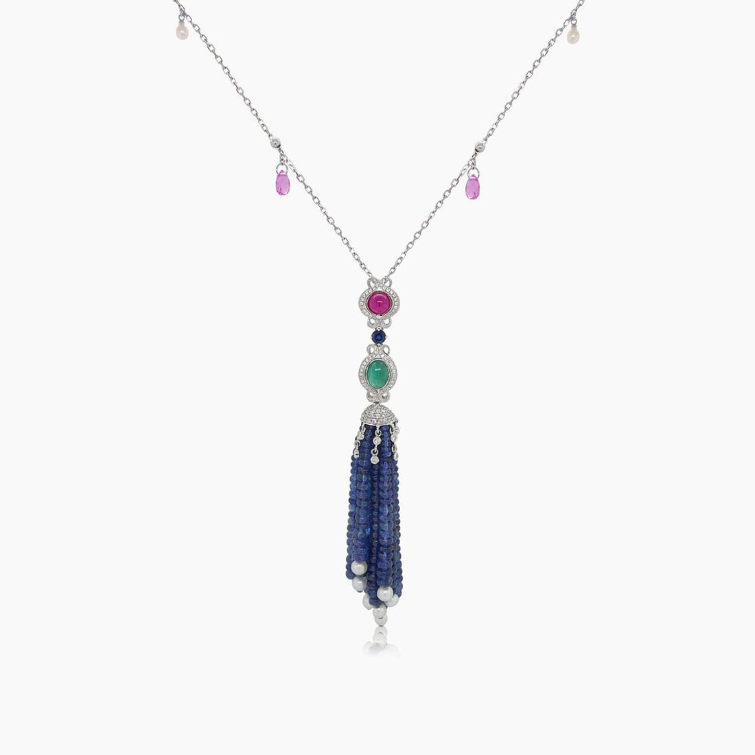 Blue Sapphire, Pink Sapphire, Emerald, Ruby & Pearl 18K White Gold Bead Necklace