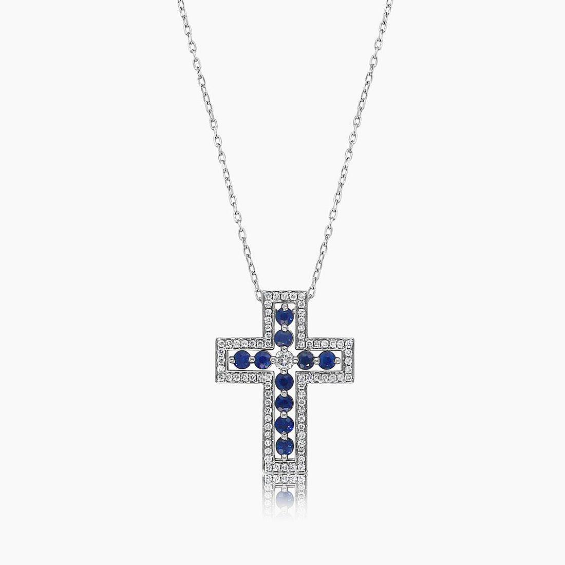 Blue Sapphire White Diamond 18K White Gold Cross Pendant Necklace