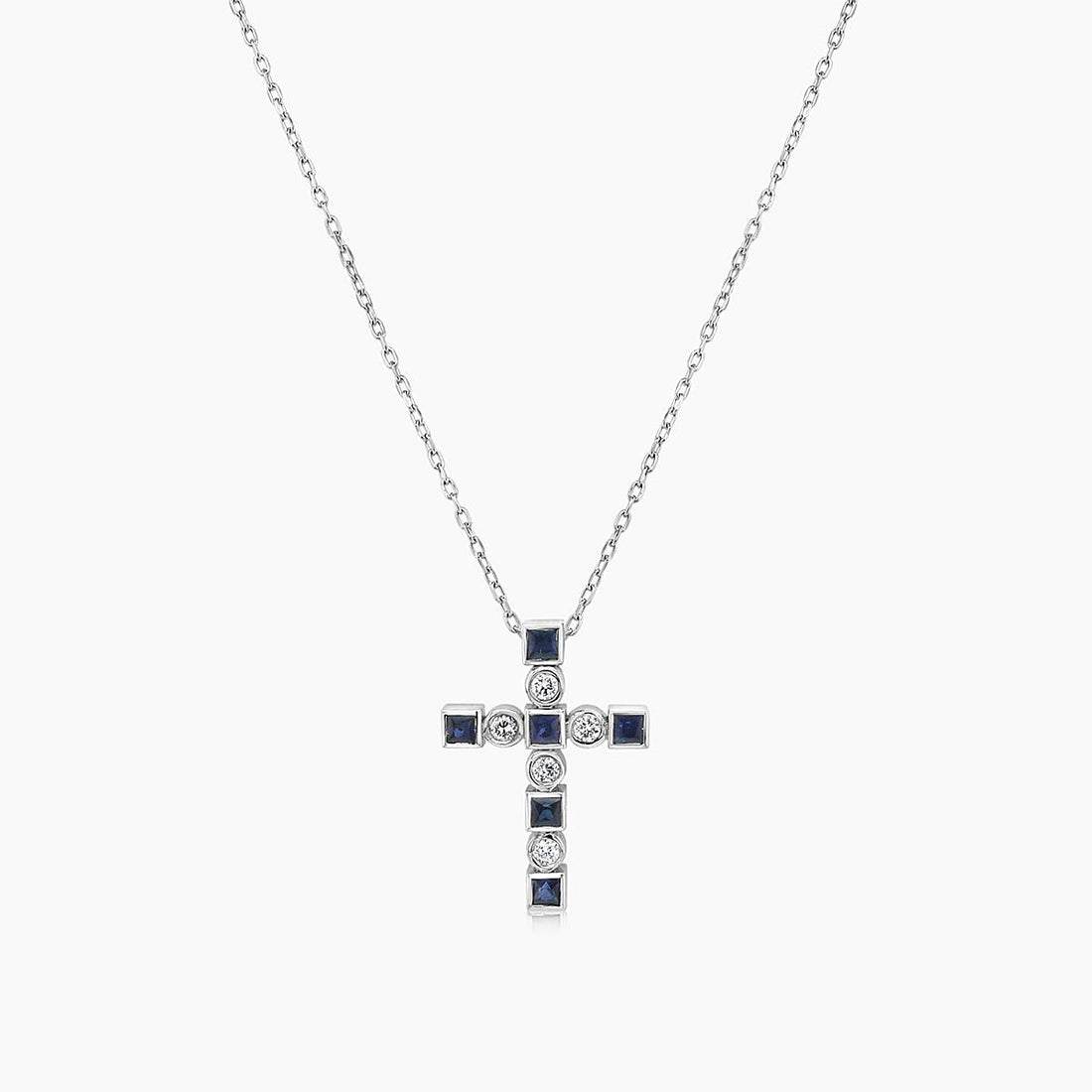 Blue Sapphire White Diamond 18K White Gold Cross Pendant Necklace