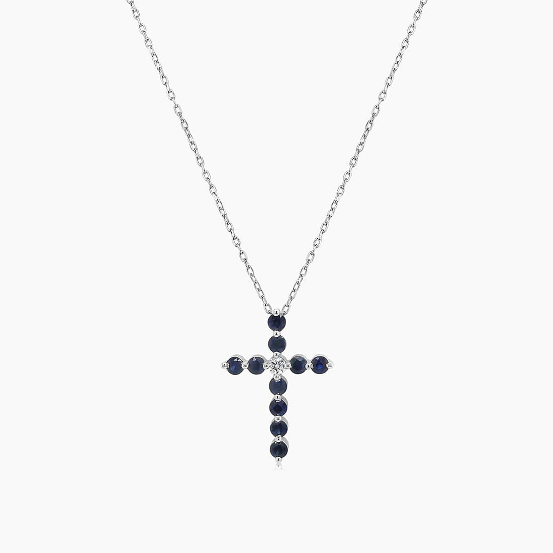Blue Sapphire White Diamond 18K White Gold Cross Pendant Necklace