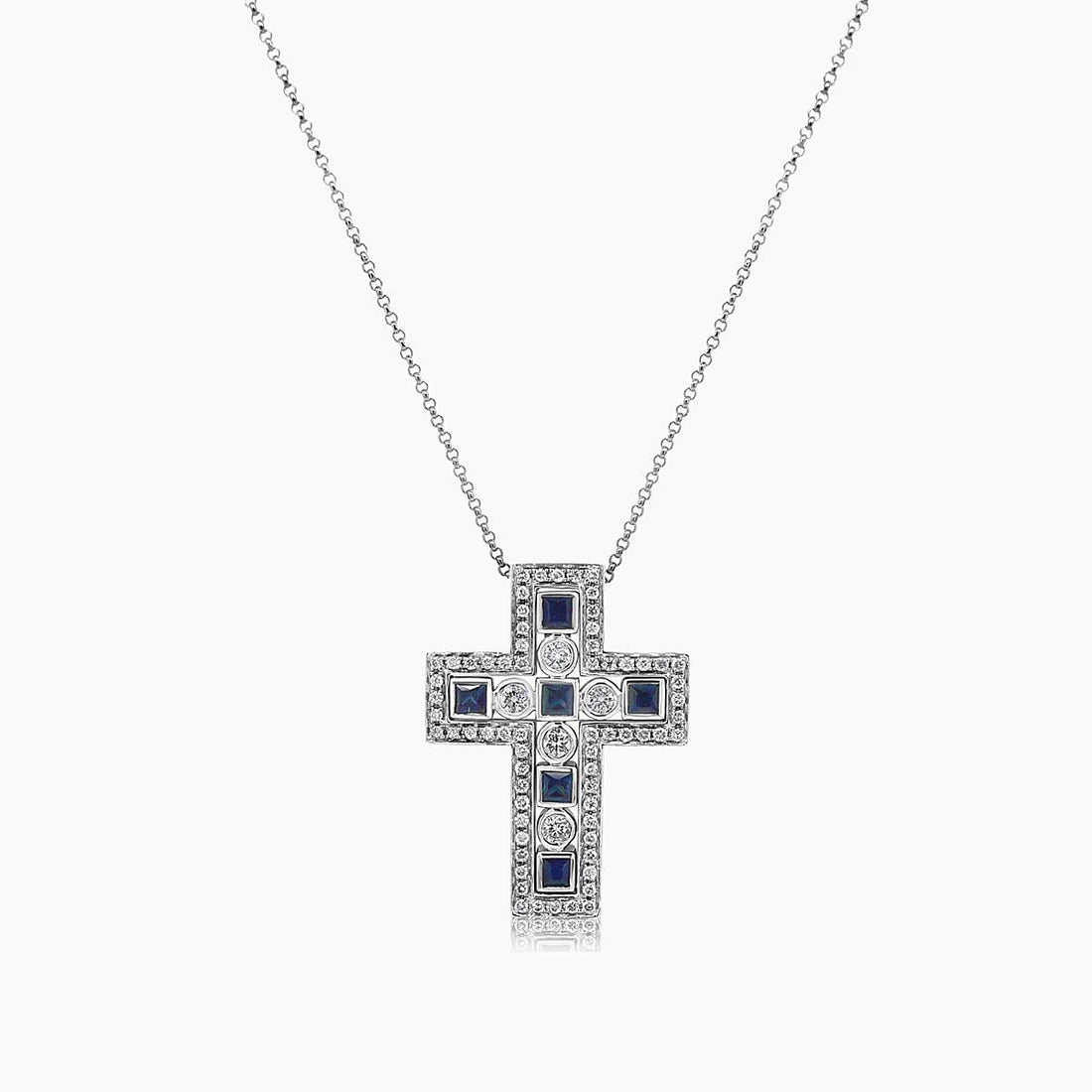 Blue Sapphire White Diamond 18K White Gold Cross Pendant Necklace