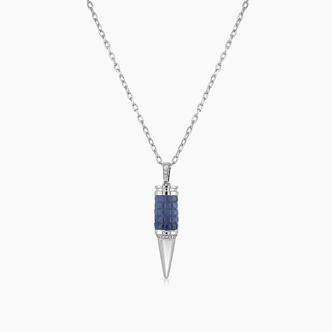 Invisible Blue Sapphire & Diamond 18K White Gold Bullet Rocket Pendant Necklace