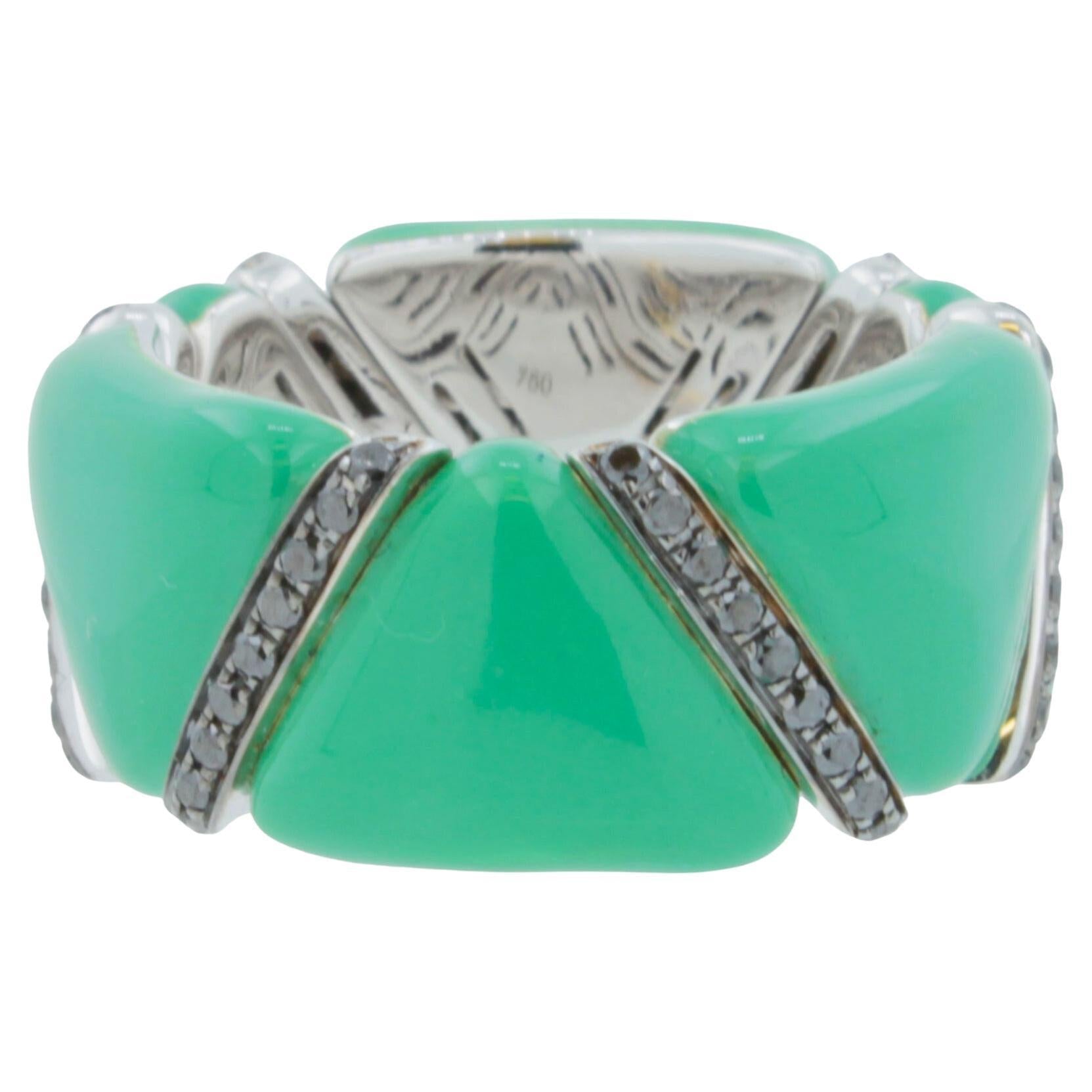 Black Diamond Green Enamel Eternity Band 18 Karat White Gold Unique Italian Ring