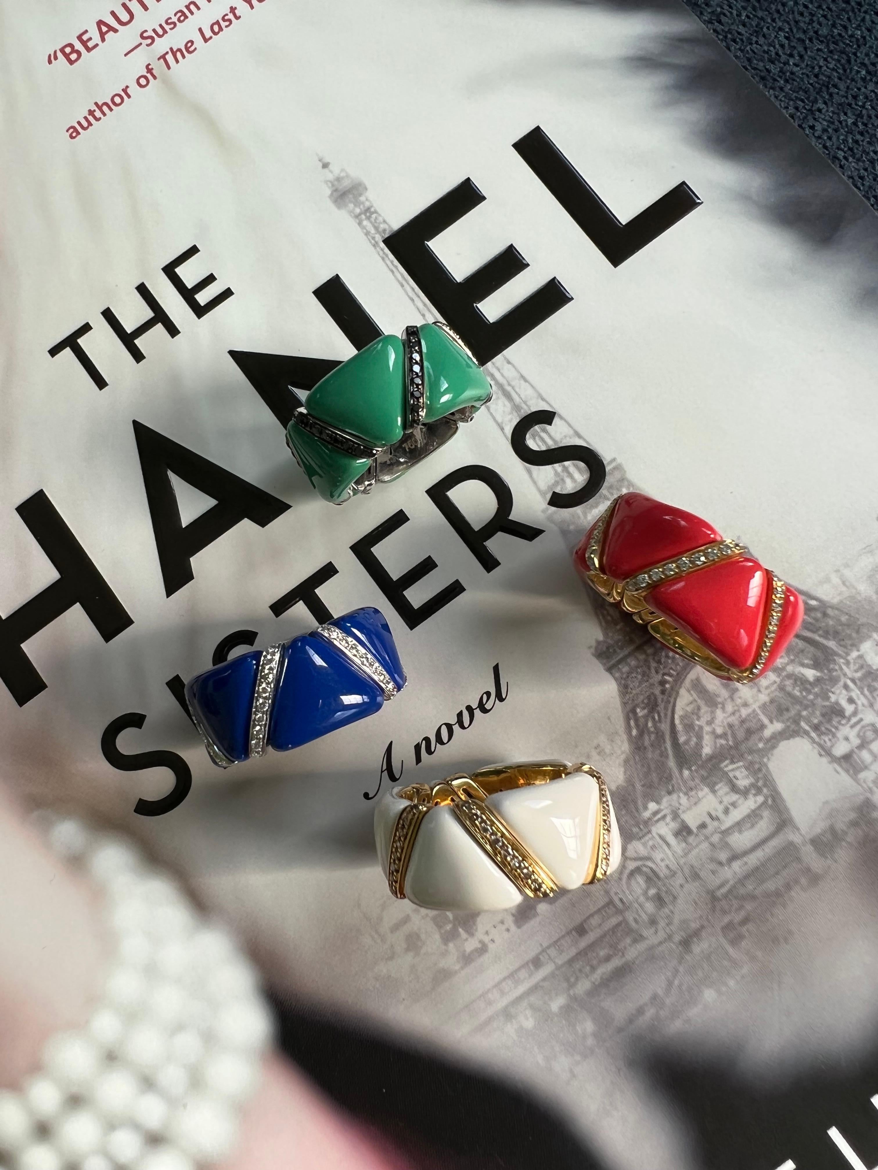 Black Diamond Green Enamel Eternity Band 18 Karat White Gold Unique Italian Ring