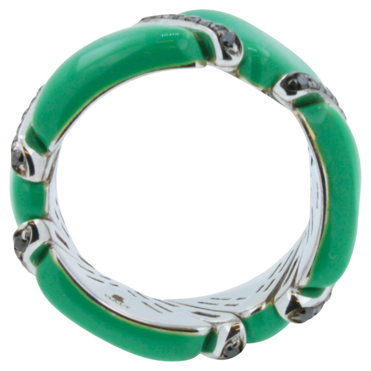 Black Diamond Green Enamel Eternity Band 18 Karat White Gold Unique Italian Ring