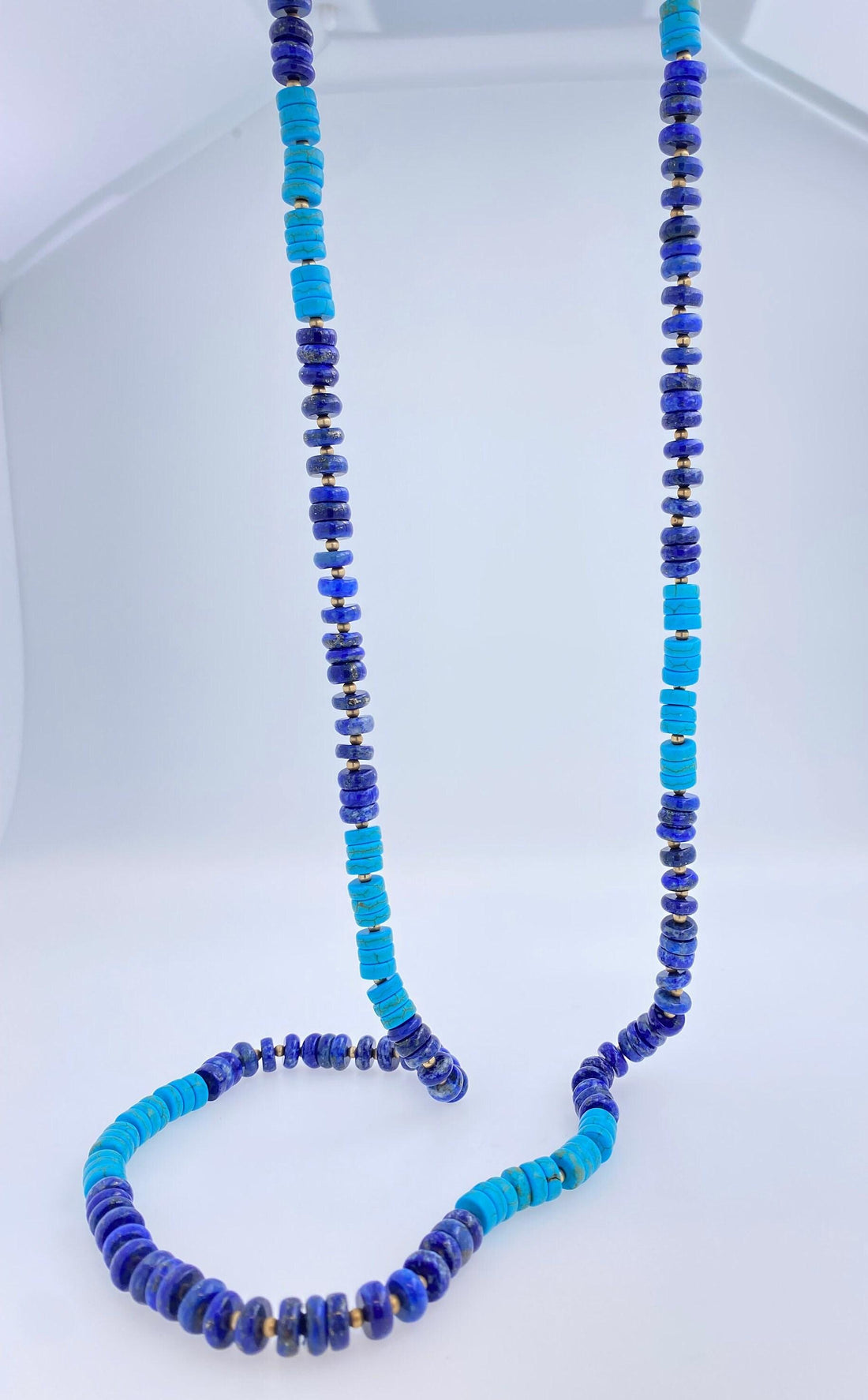 Blue Lapis Lazuli Turquoise Tumble Beads 14K Yellow Gold Bead Long Necklace