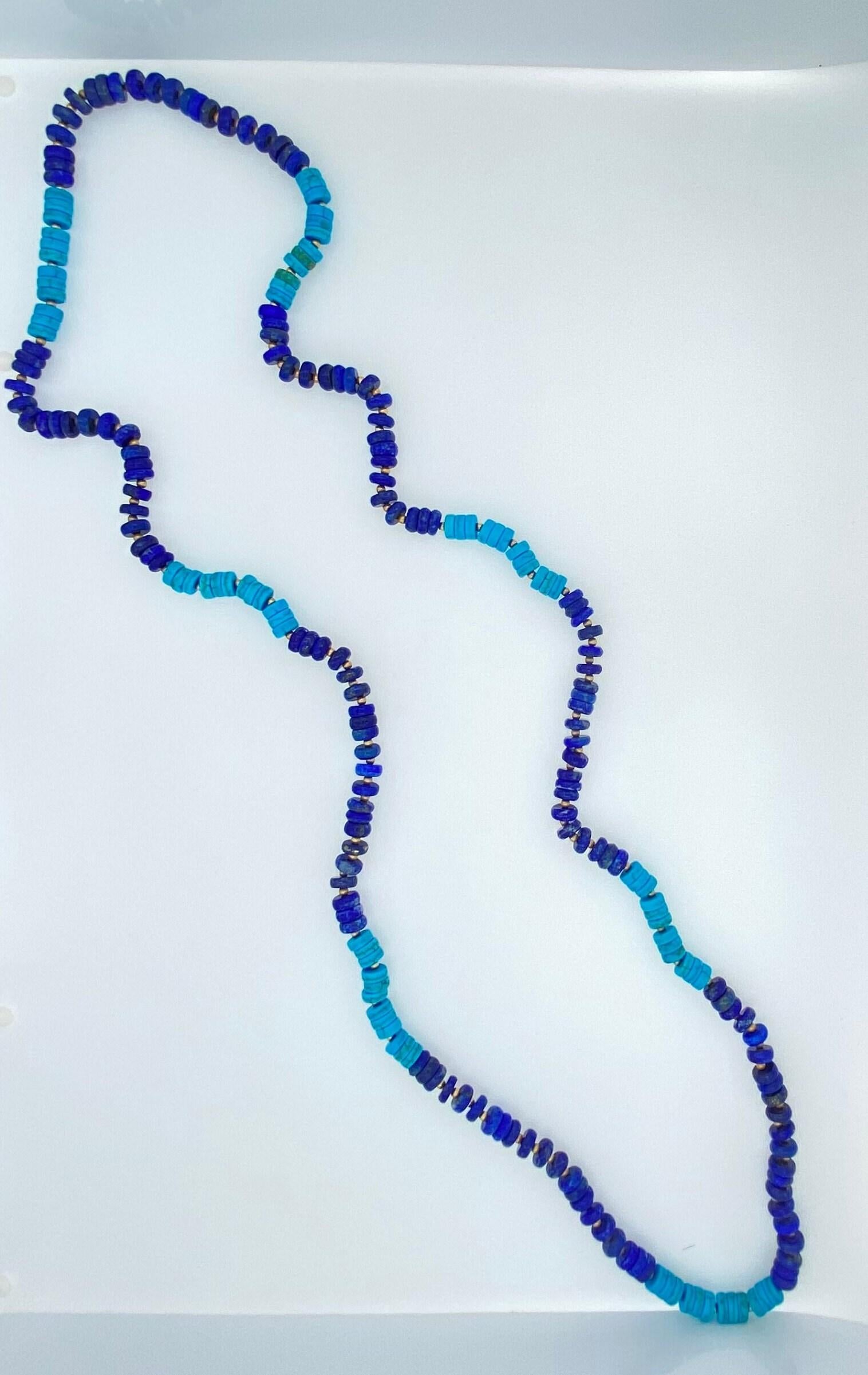 Blue Lapis Lazuli Turquoise Tumble Beads 14K Yellow Gold Bead Long Necklace