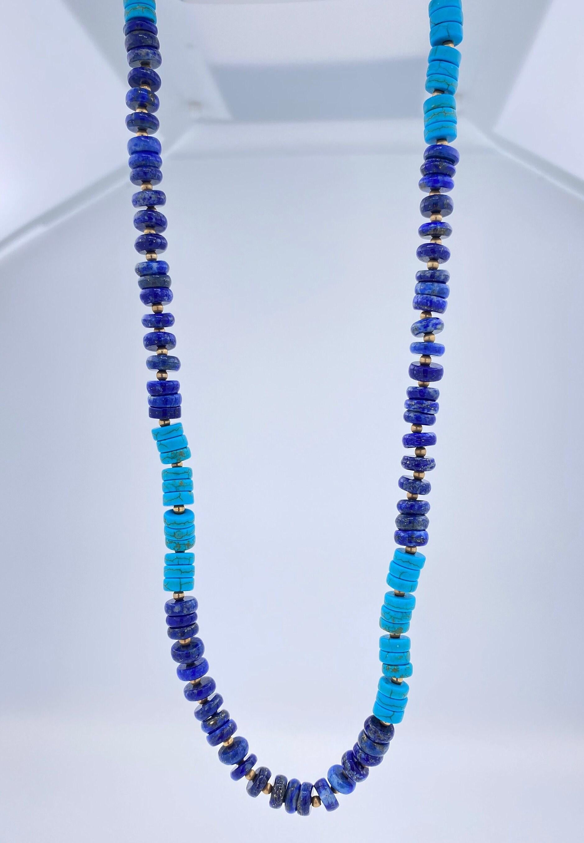 Blue Lapis Lazuli Turquoise Tumble Beads 14K Yellow Gold Bead Long Necklace