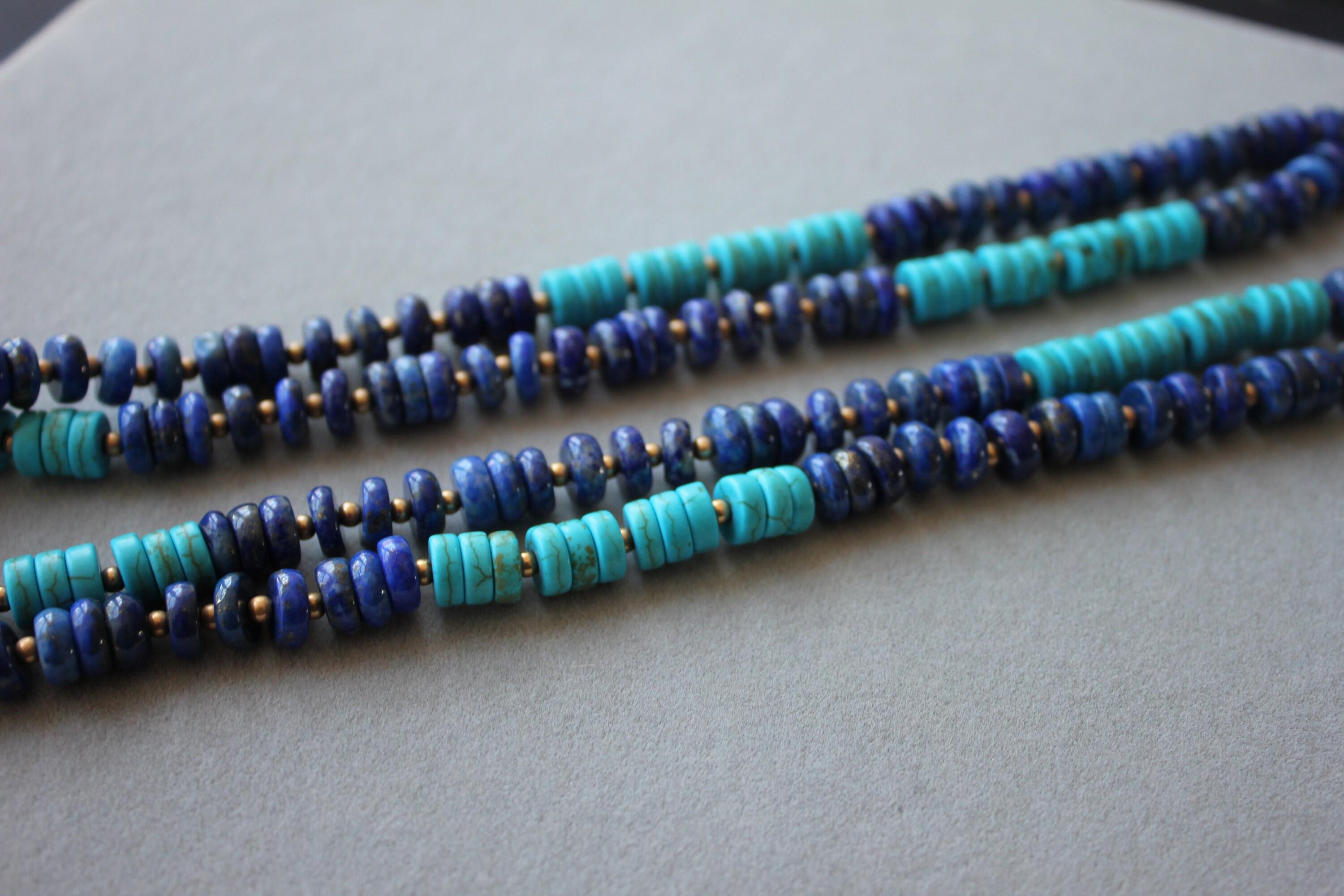 Blue Lapis Lazuli Turquoise Tumble Beads 14K Yellow Gold Bead Long Necklace