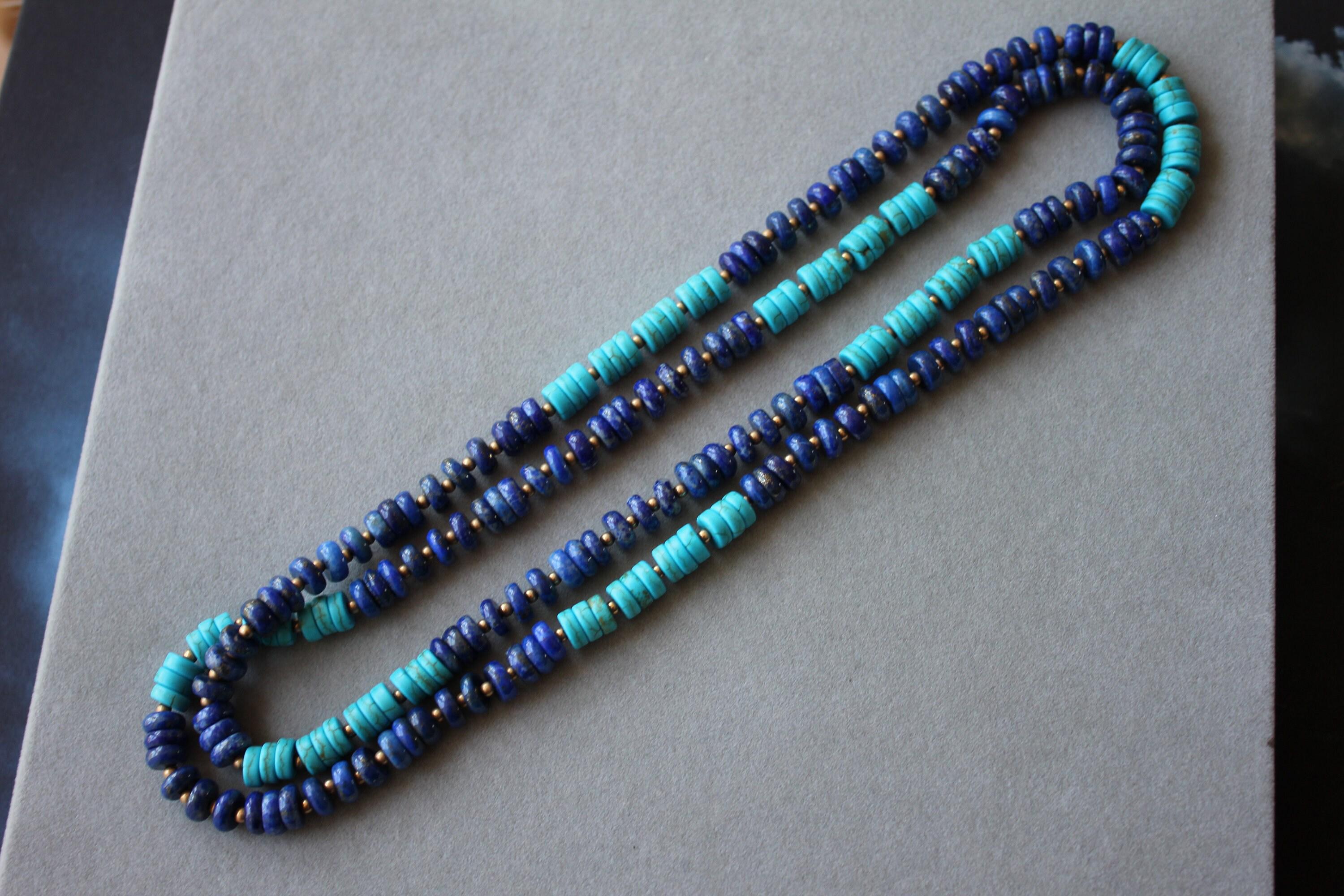 Blue Lapis Lazuli Turquoise Tumble Beads 14K Yellow Gold Bead Long Necklace