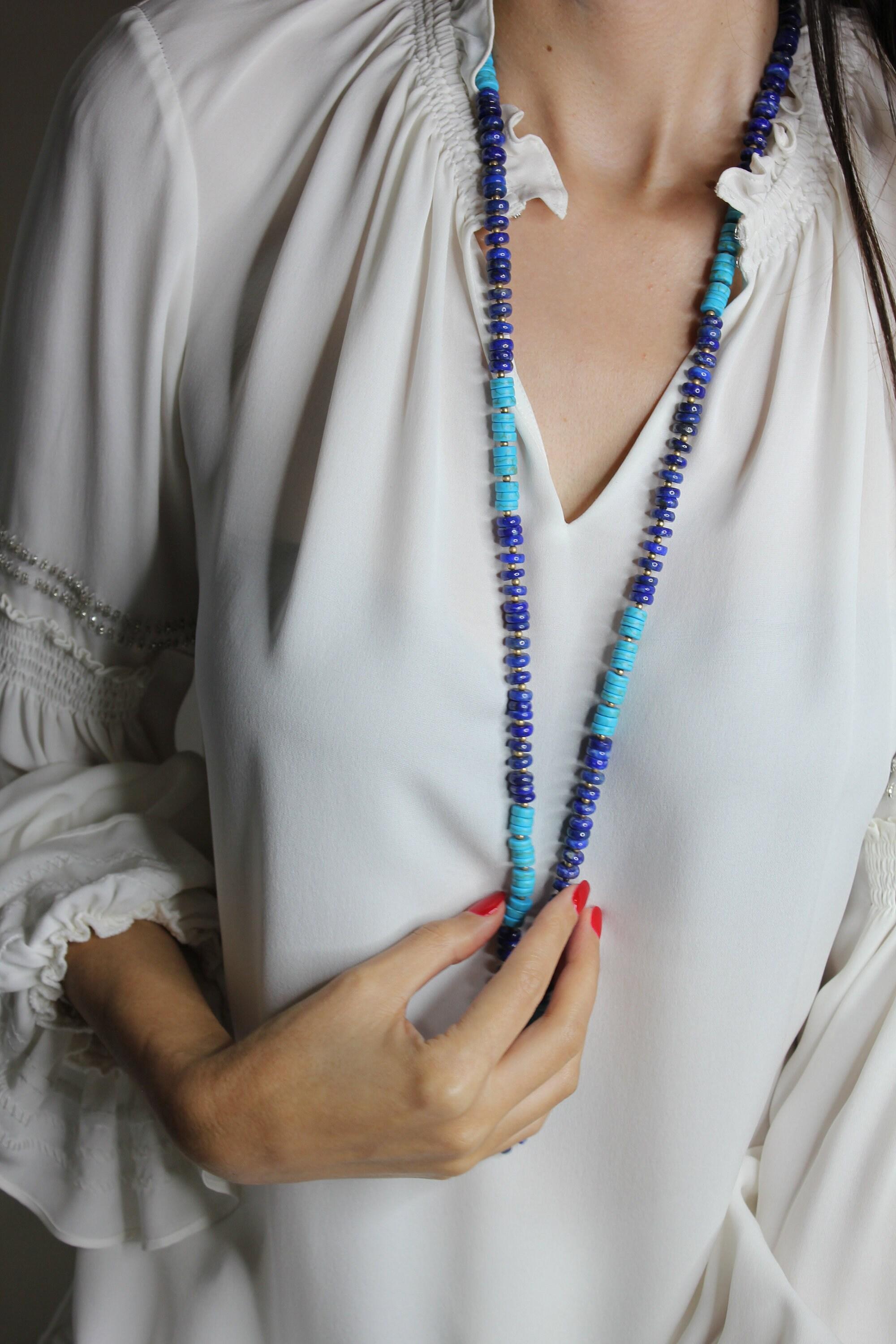 Blue Lapis Lazuli Turquoise Tumble Beads 14K Yellow Gold Bead Long Necklace