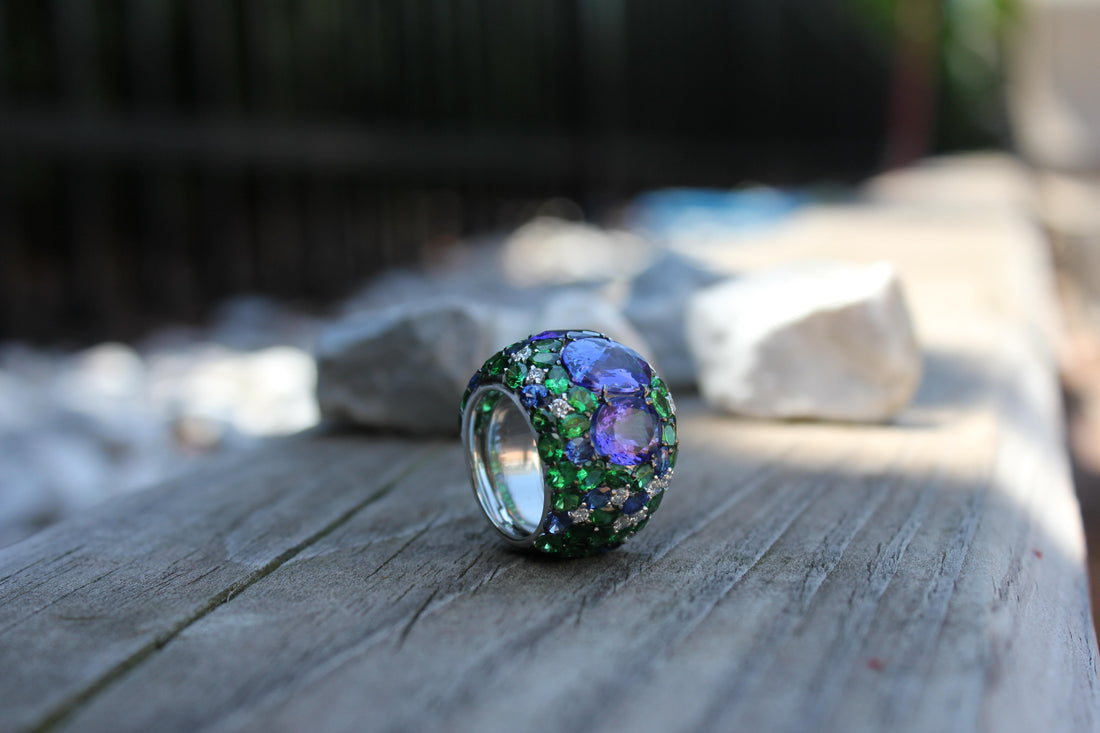 Blue Oval Tanzanite Tsavorite Diamond Pave Sapphire Dome 18K White Gold Ring