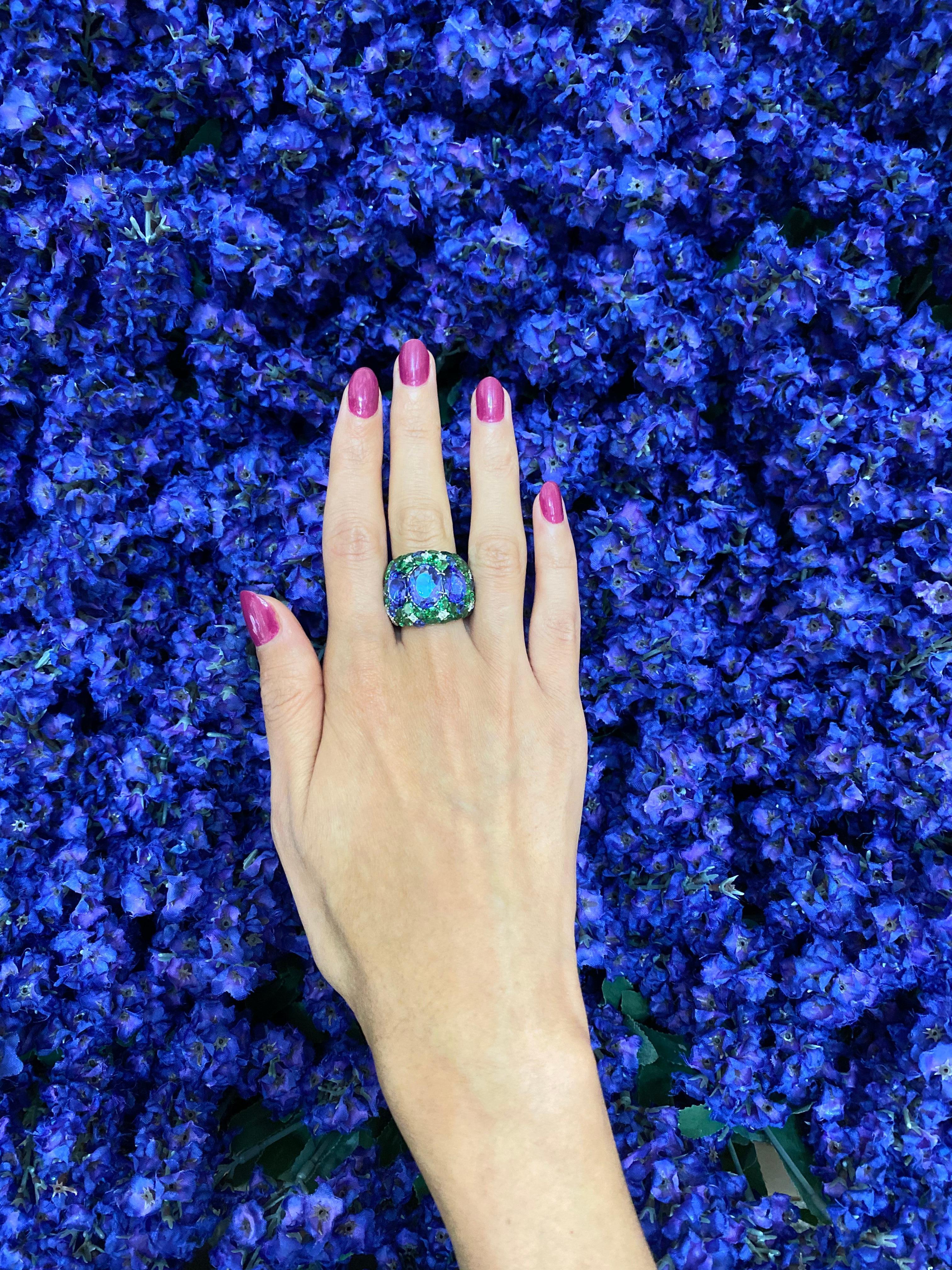 Blue Oval Tanzanite Tsavorite Diamond Pave Sapphire Dome 18K White Gold Ring