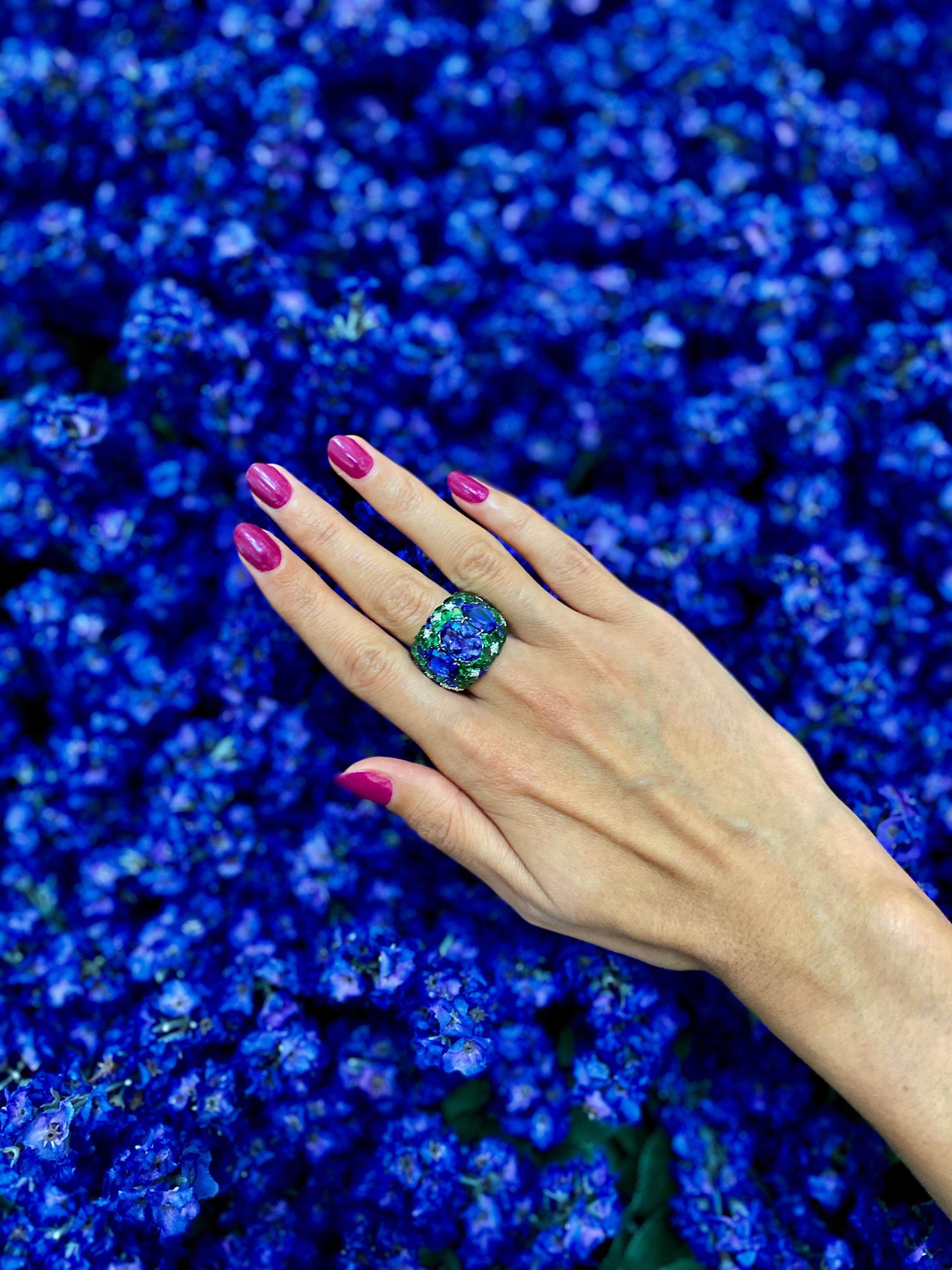 Blue Oval Tanzanite Tsavorite Diamond Pave Sapphire Dome 18K White Gold Ring