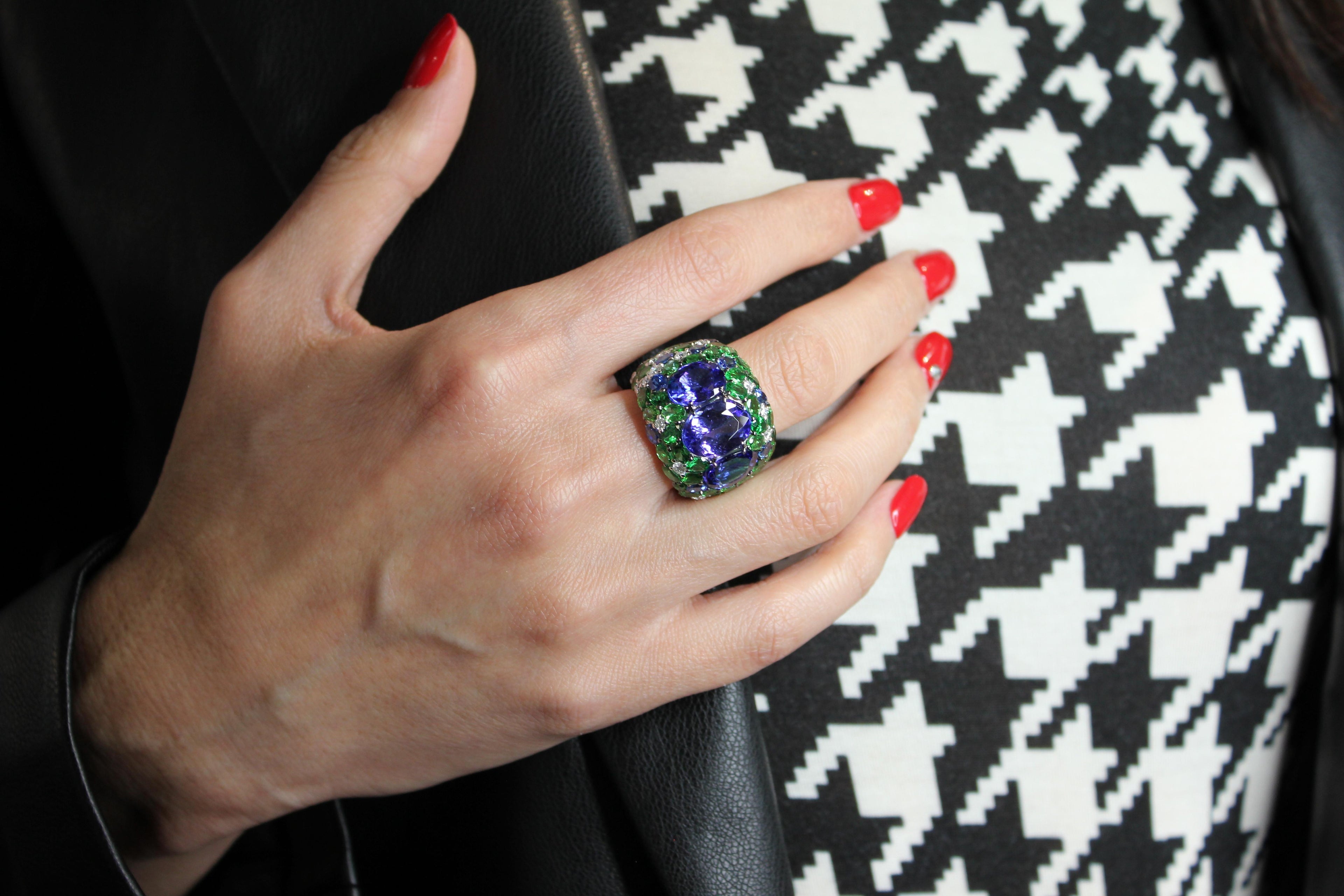 Blue Oval Tanzanite Tsavorite Diamond Pave Sapphire Dome 18K White Gold Ring