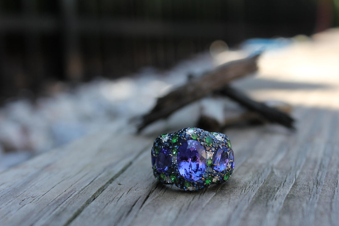 Blue Oval Tanzanite Tsavorite Diamond Pave Sapphire Dome 18K White Gold Ring