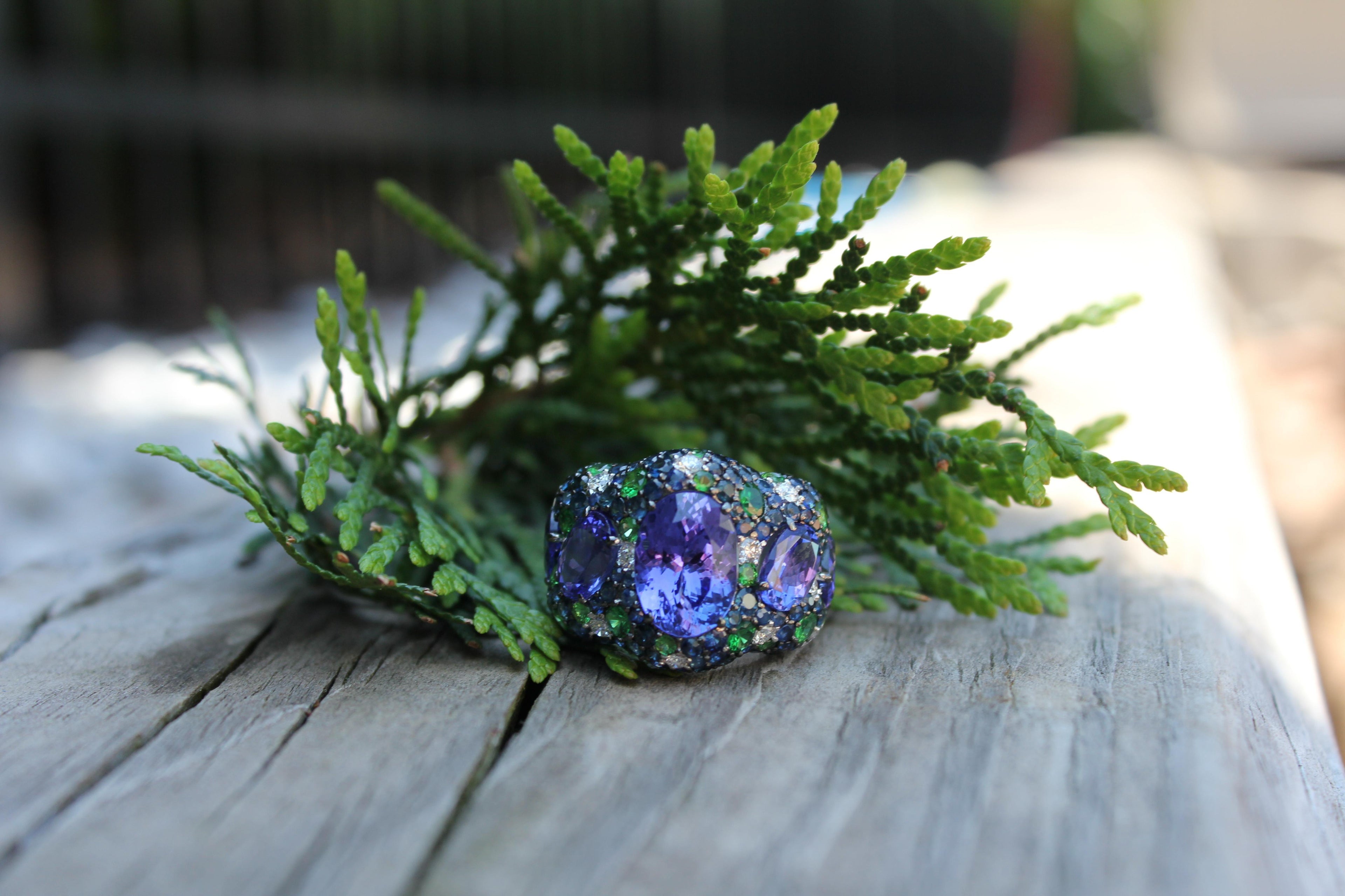Blue Oval Tanzanite Tsavorite Diamond Pave Sapphire Dome 18K White Gold Ring