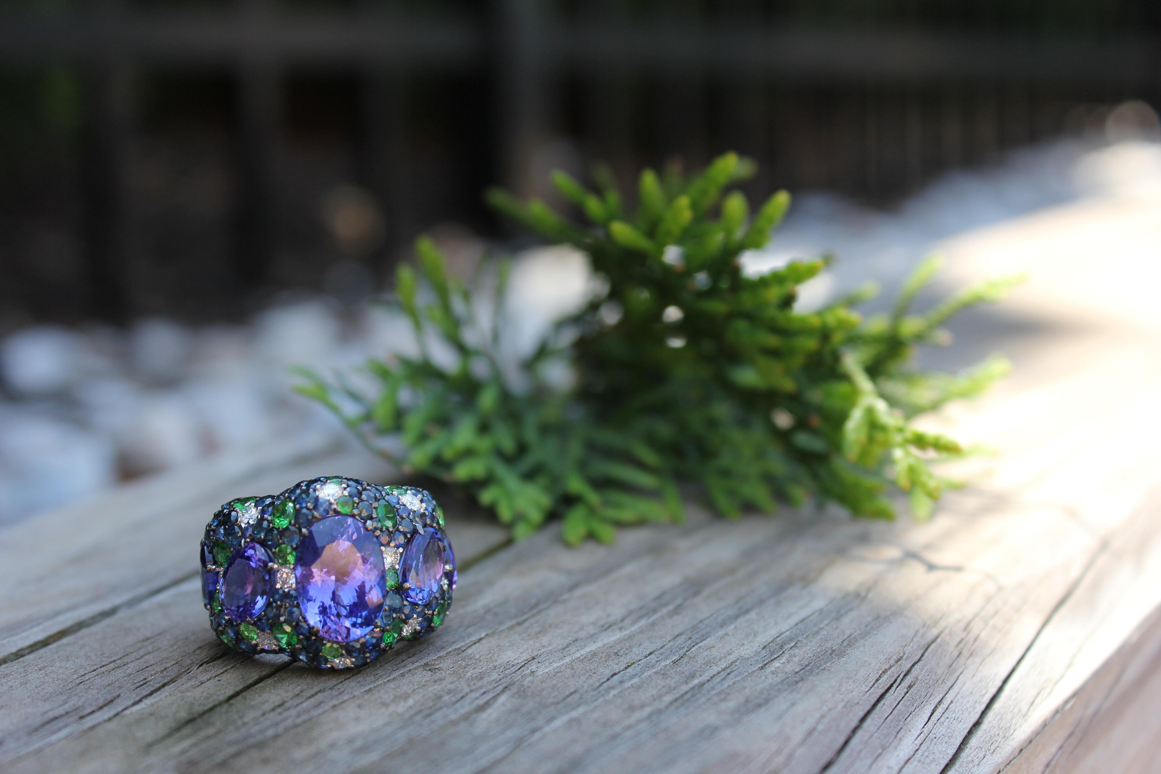 Blue Oval Tanzanite Tsavorite Diamond Pave Sapphire Dome 18K White Gold Ring