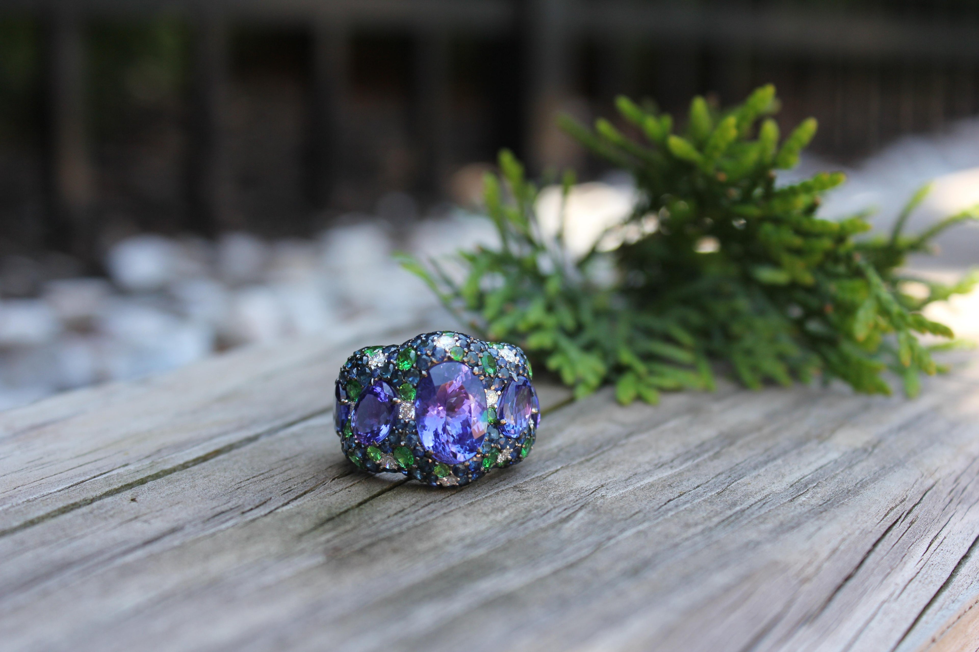 Blue Oval Tanzanite Tsavorite Diamond Pave Sapphire Dome 18K White Gold Ring