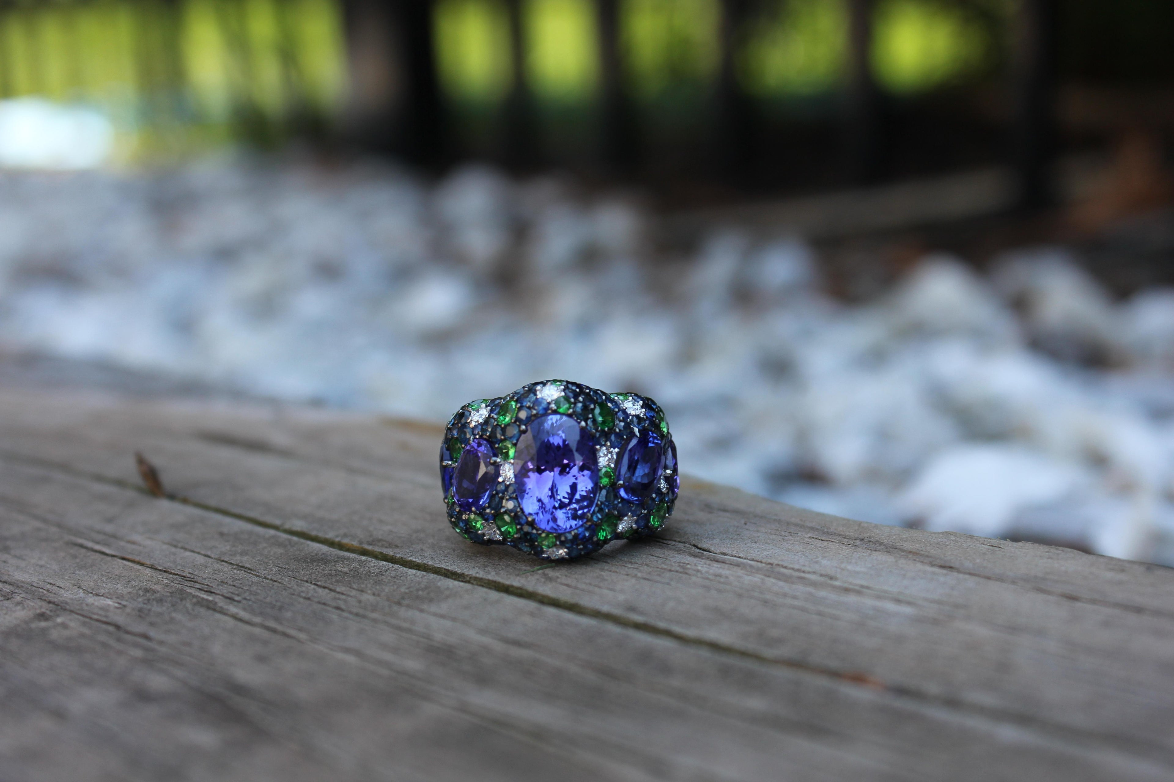 Blue Oval Tanzanite Tsavorite Diamond Pave Sapphire Dome 18K White Gold Ring