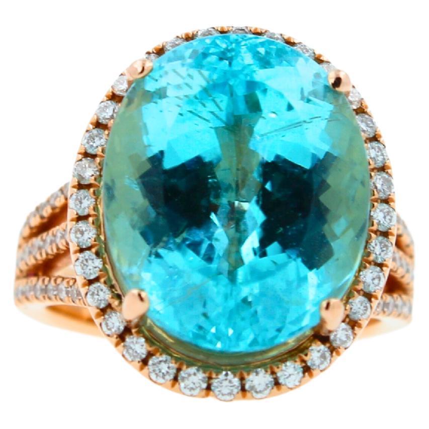 Blue Paraiba Tourmaline Diamond Halo Classic Simple Solitaire 18 Karat Gold Ring