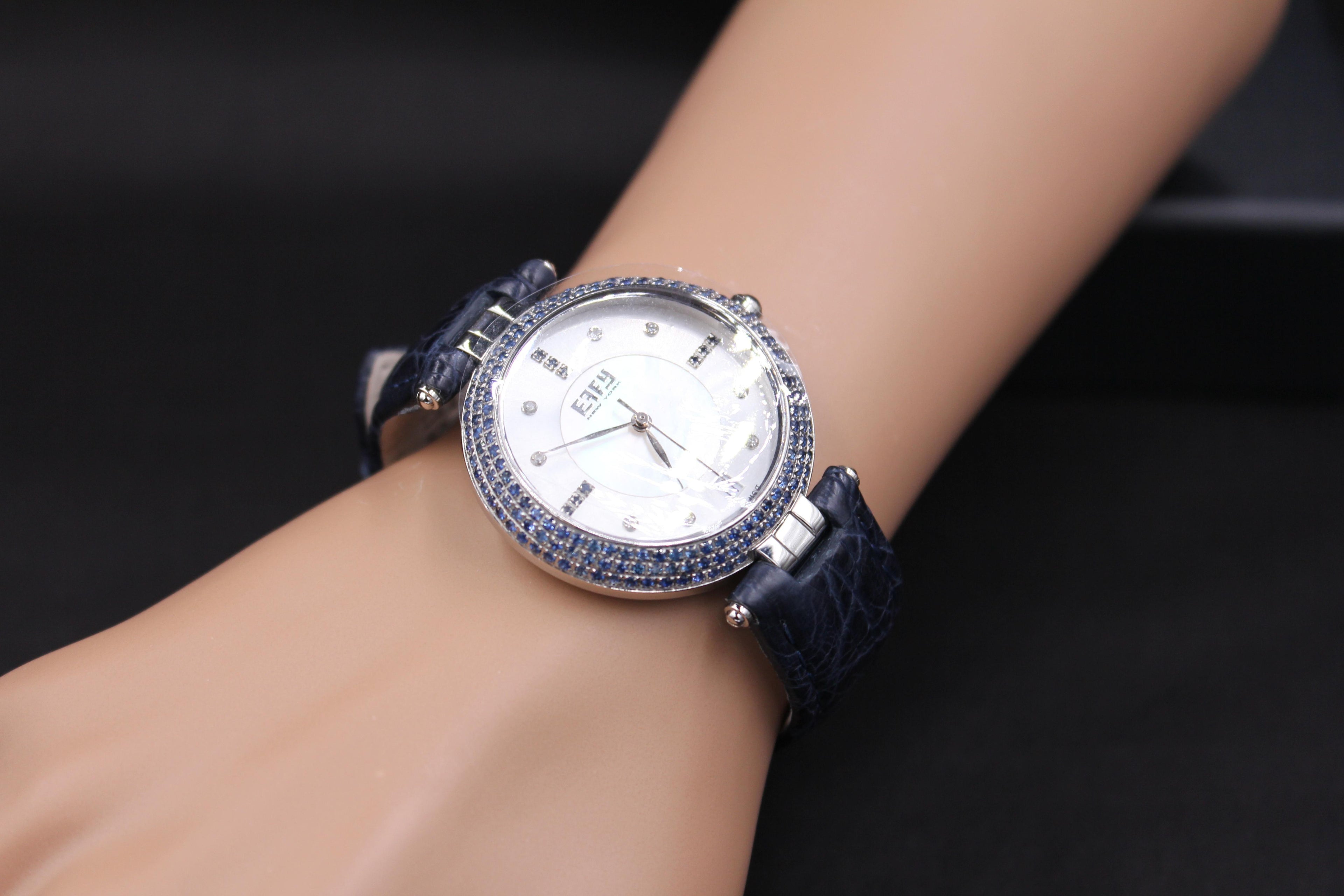 Blue Sapphire & Diamond Pave Dial Luxury Swiss Quartz Exotic Leather Band Watch