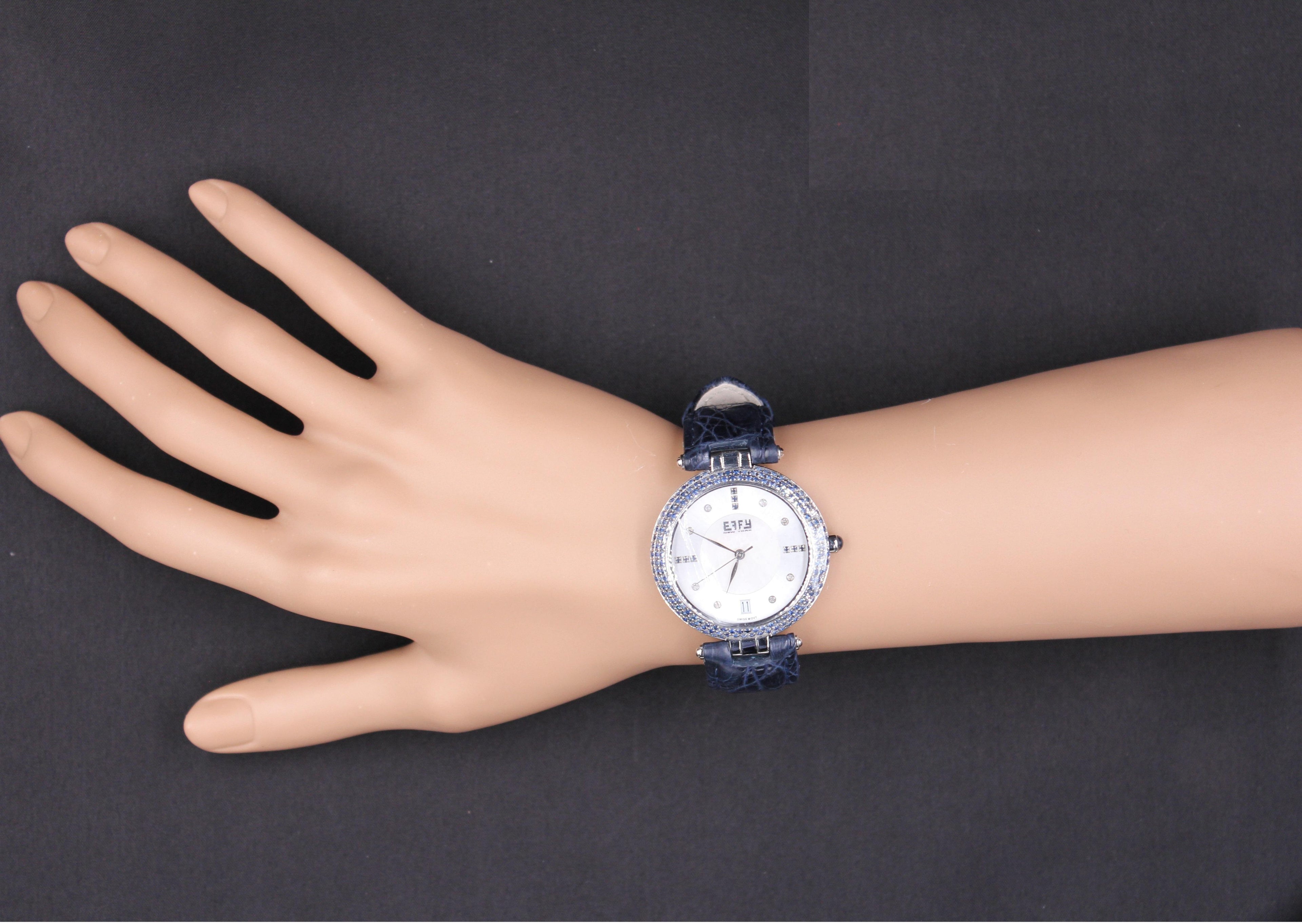 Blue Sapphire & Diamond Pave Dial Luxury Swiss Quartz Exotic Leather Band Watch