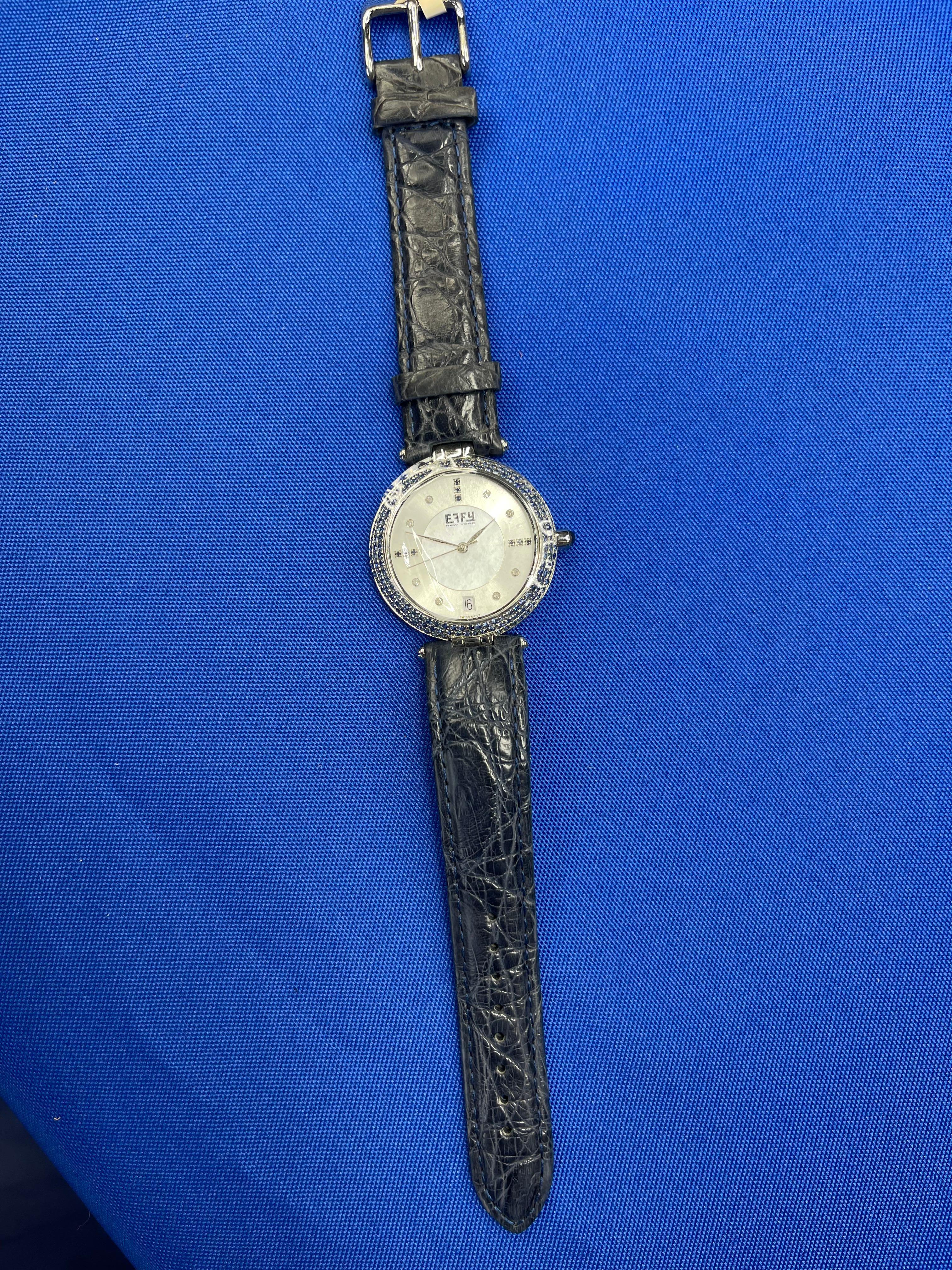 Blue Sapphire & Diamond Pave Dial Luxury Swiss Quartz Exotic Leather Band Watch