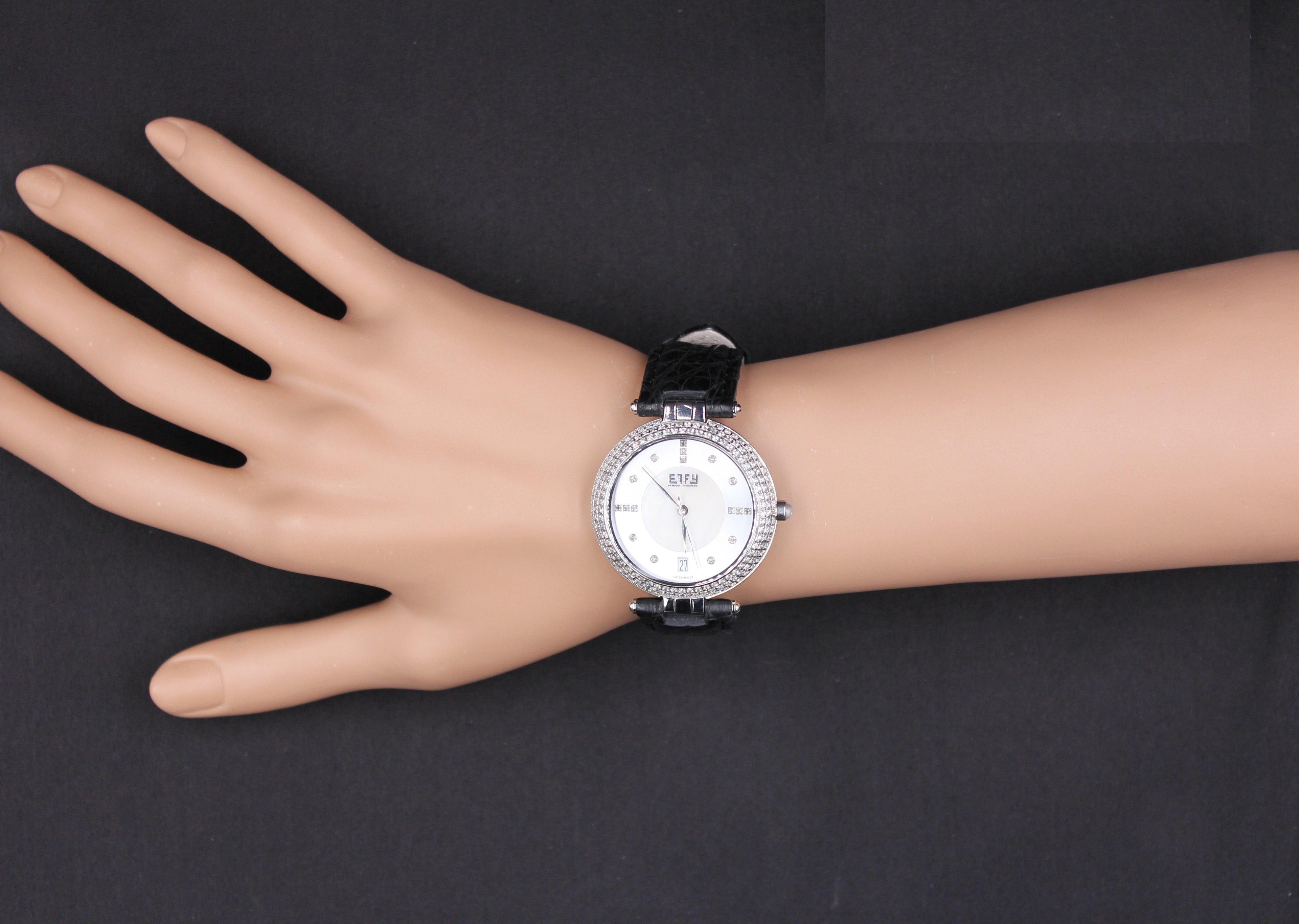 Blue Sapphire & Diamond Pave Dial Luxury Swiss Quartz Exotic Leather Band Watch