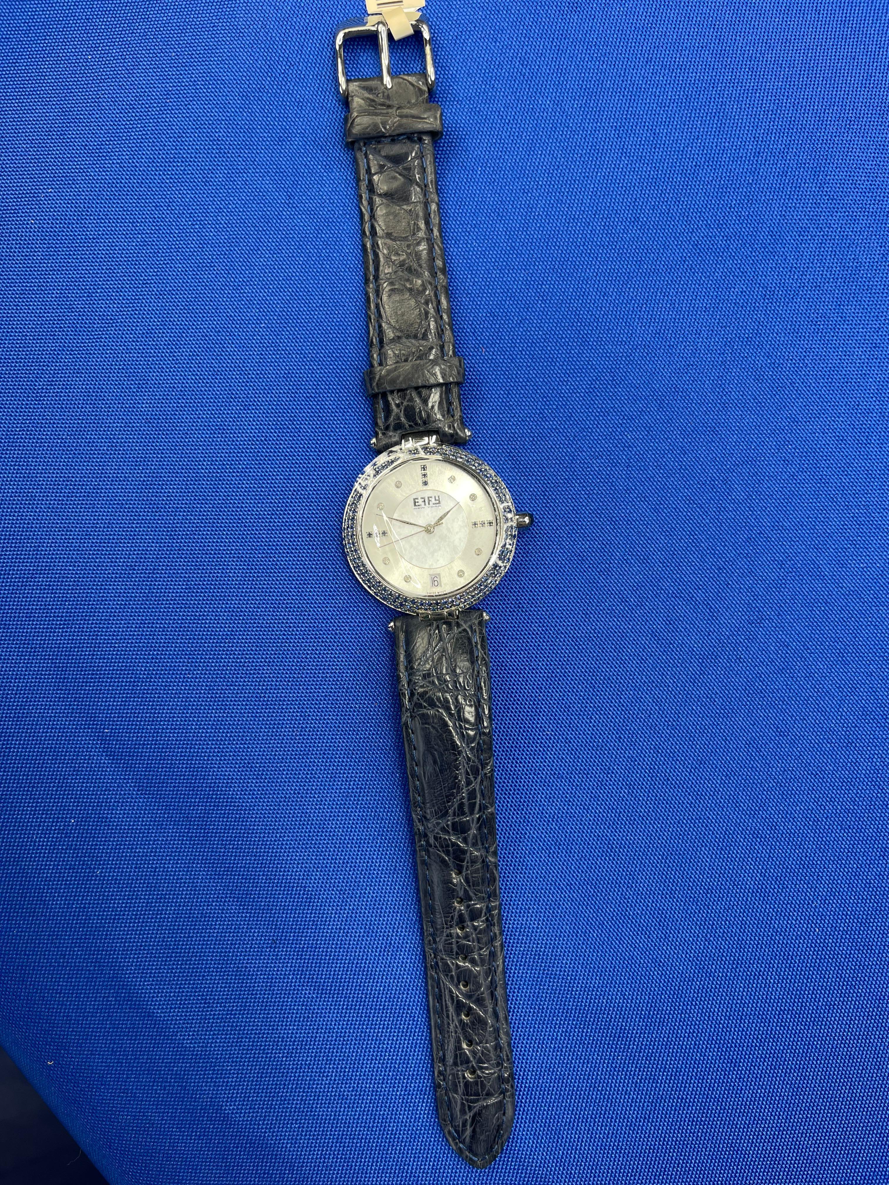 Blue Sapphire & Diamond Pave Dial Luxury Swiss Quartz Exotic Leather Band Watch