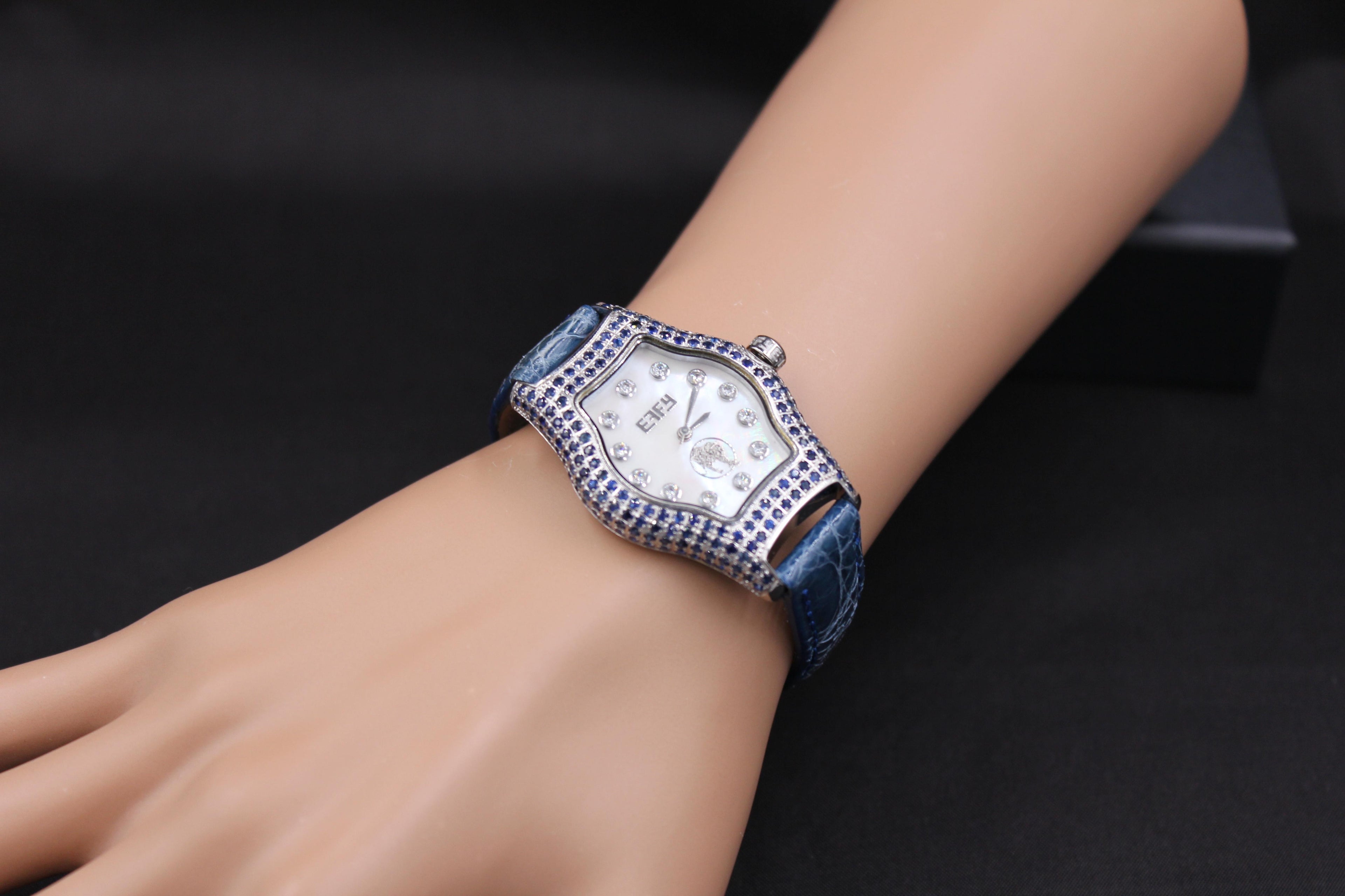 Blue Sapphire & Diamonds Pave Dial Luxury Swiss Quartz Exotic Leather Band Watch
