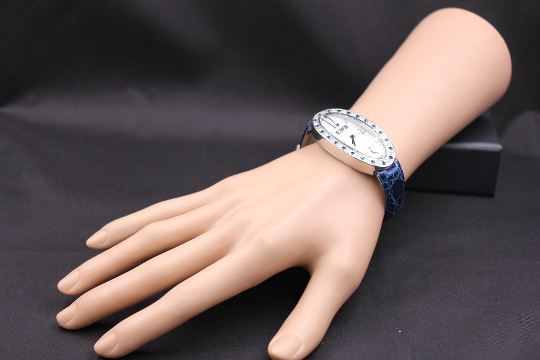 Blue Sapphire Diamonds Pave Dial Luxury Swiss Quartz Exotic Leather Band Watch