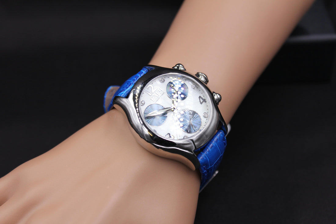 Blue Sapphire & Diamonds Pave Dial Luxury Swiss Quartz Exotic Leather Band Watch