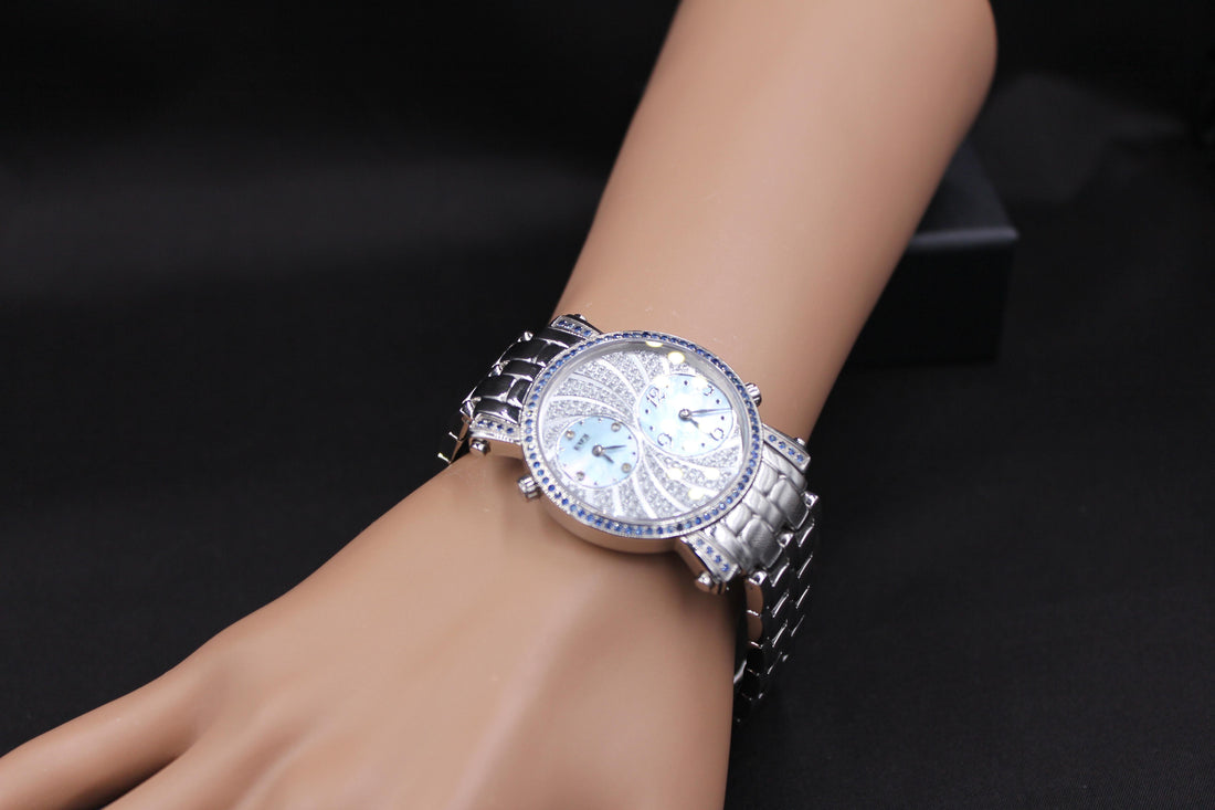 Blue Sapphire & Diamonds Pave Dial Luxury Swiss Quartz Exotic Leather Band Watch