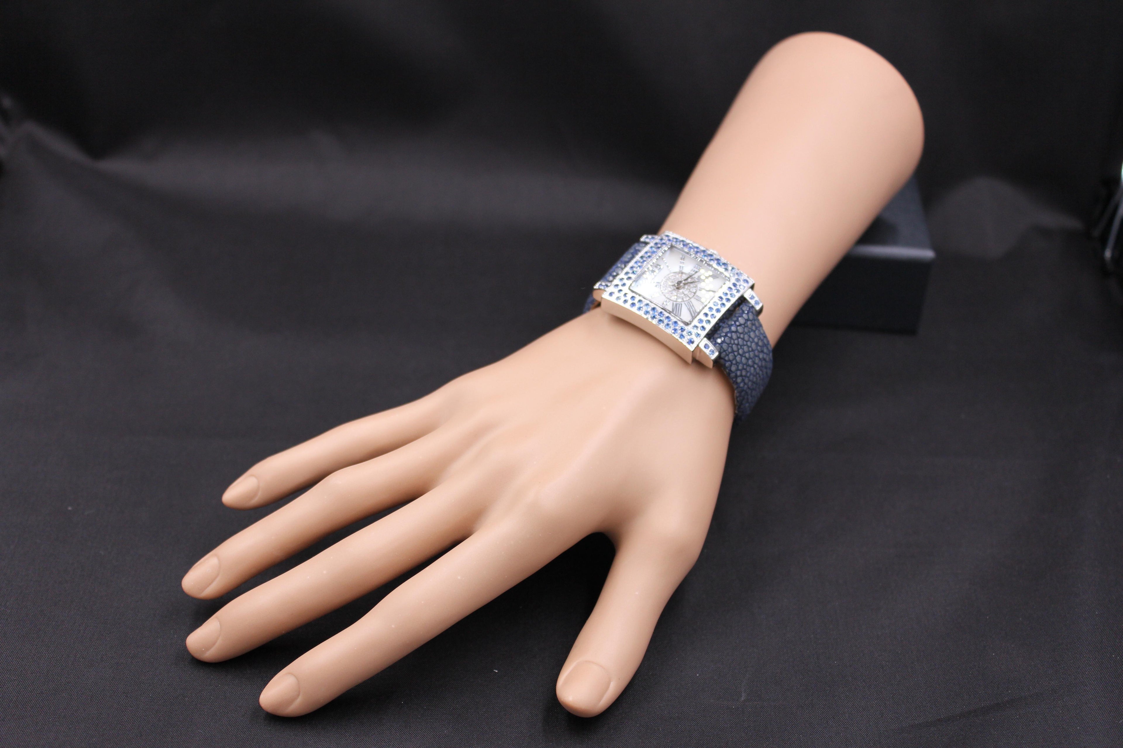 Blue Sapphire & Diamonds Pave Dial Luxury Swiss Quartz Exotic Leather Watch