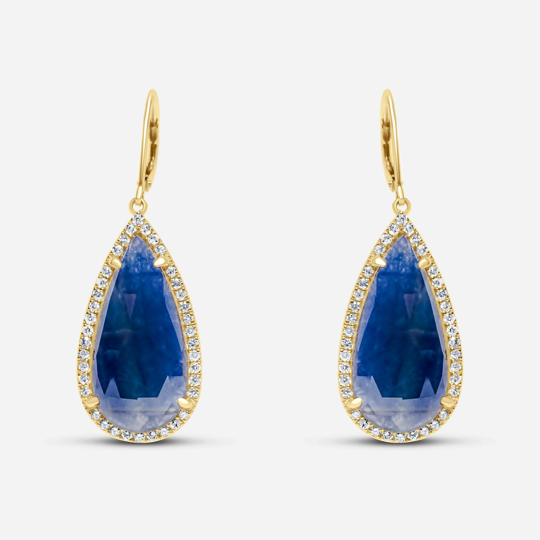 Blue Sapphire Pear Drop Faceted Cabochon Diamond Halo Drop 18k Gold Earrings