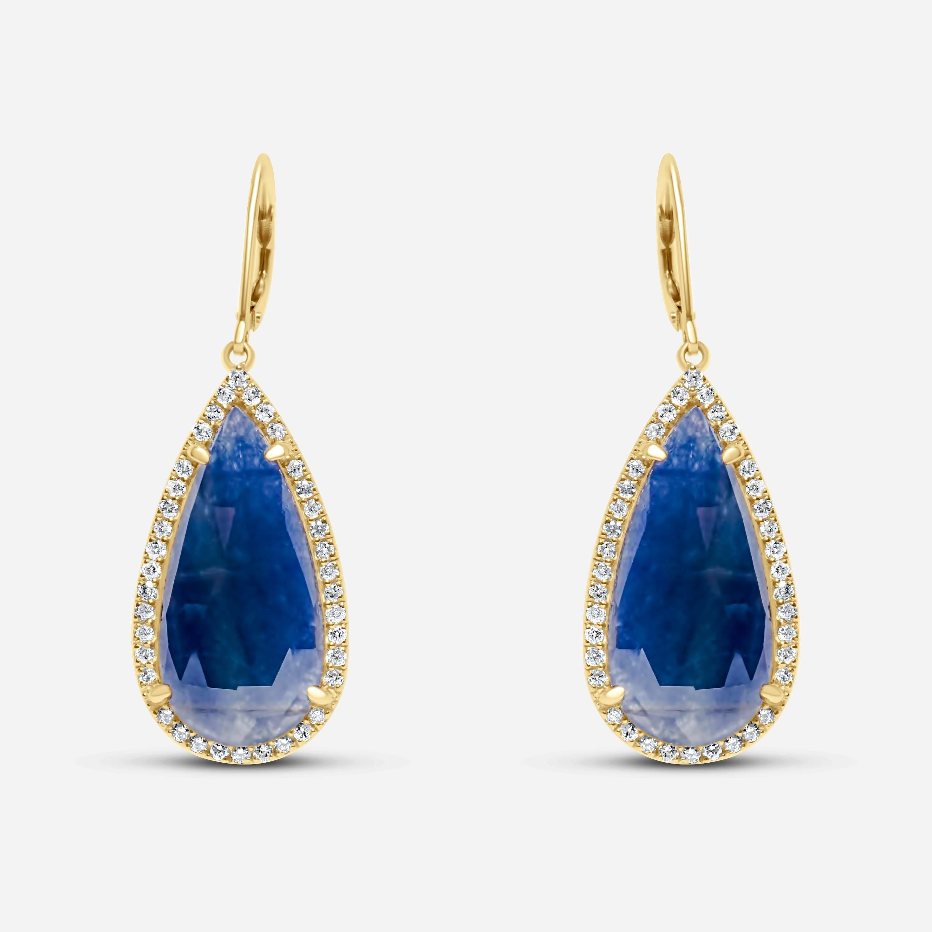 Blue Sapphire Pear Drop Faceted Cabochon Diamond Halo Drop 18k Gold Earrings