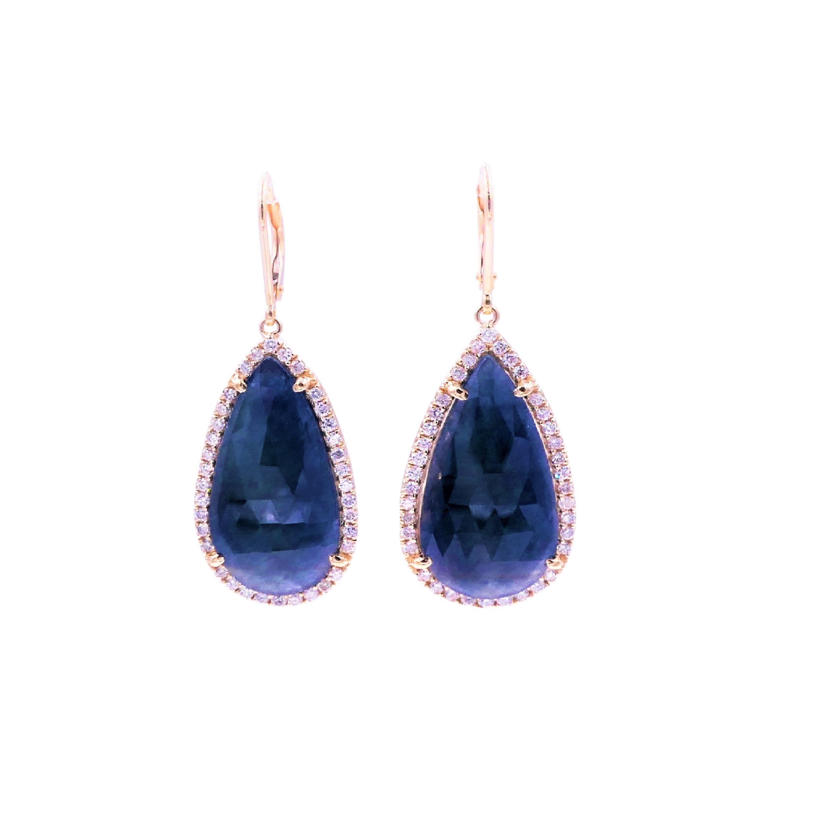 Blue Sapphire Pear Drop Faceted Cabochon Diamond Halo Drop 18k Gold Earrings