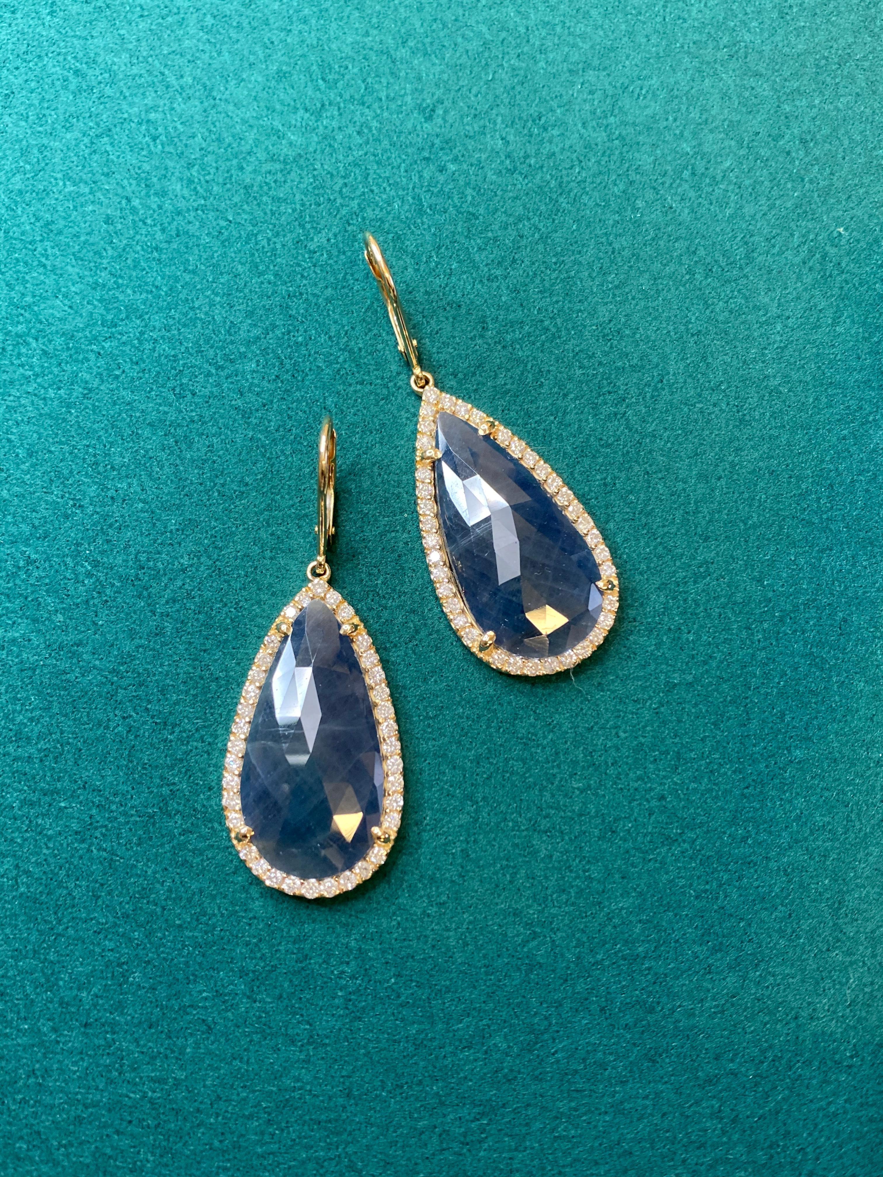 Blue Sapphire Pear Drop Faceted Cabochon Diamond Halo Drop 18k Gold Earrings