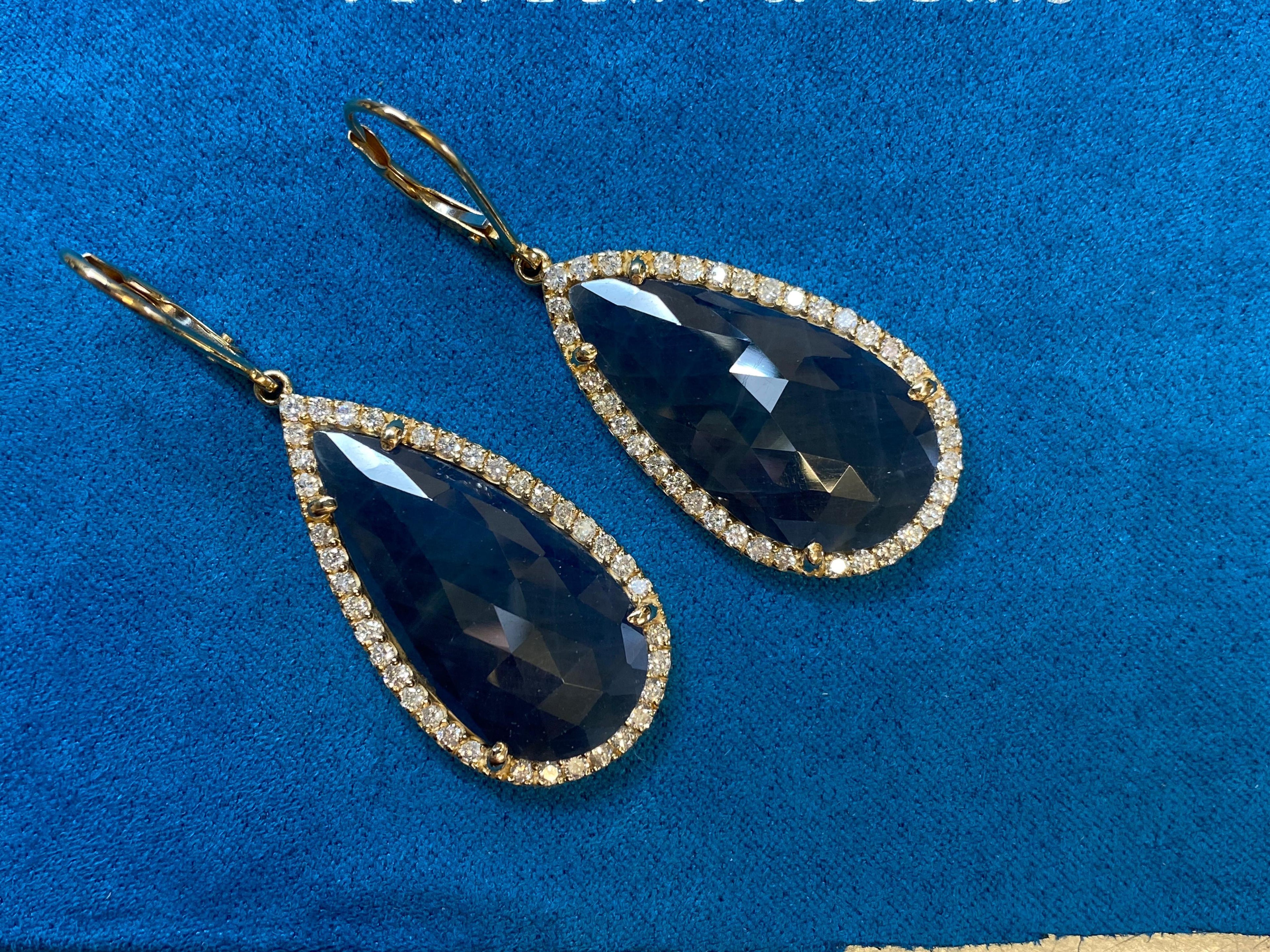 Blue Sapphire Pear Drop Faceted Cabochon Diamond Halo Drop 18k Gold Earrings