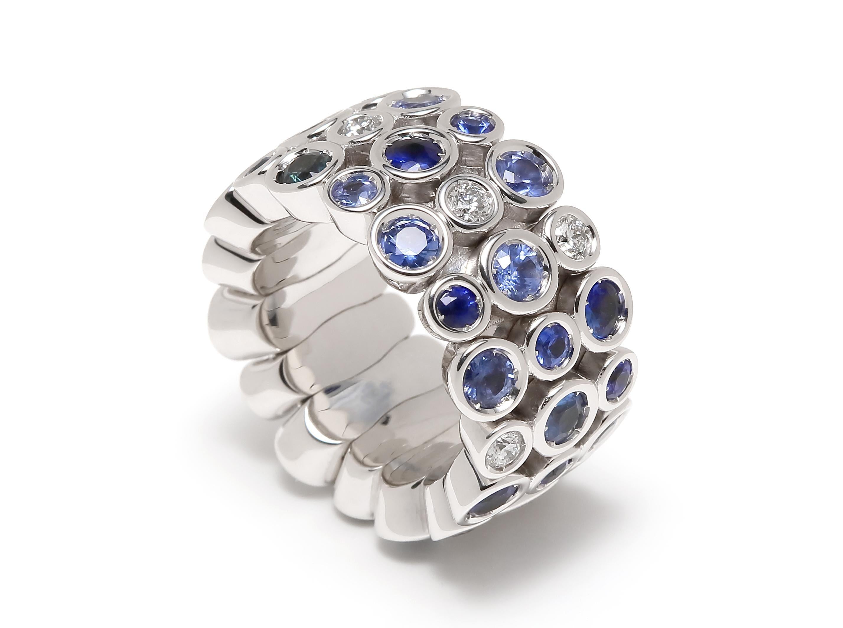 Blue Sapphire Sky Topaz Diamond Flexible Bezel Eternity 18K White Gold Ring Band