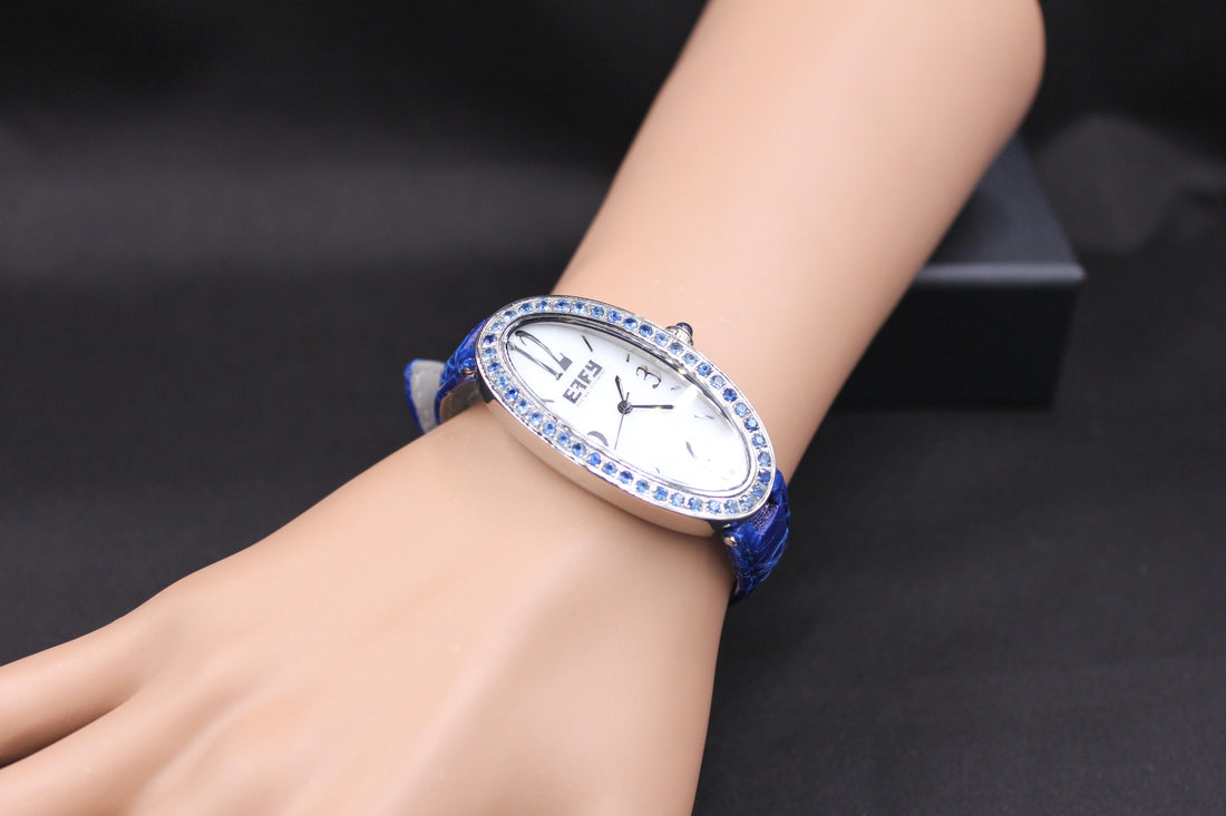 Blue Sapphires Pave Dial Luxury Swiss Quartz Exotic Leather Band Watch
