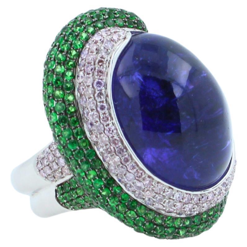 Blue Tanzanite Oval Cabochon Diamonds Tsavorites Pave 18k White Gold Unique Ring
