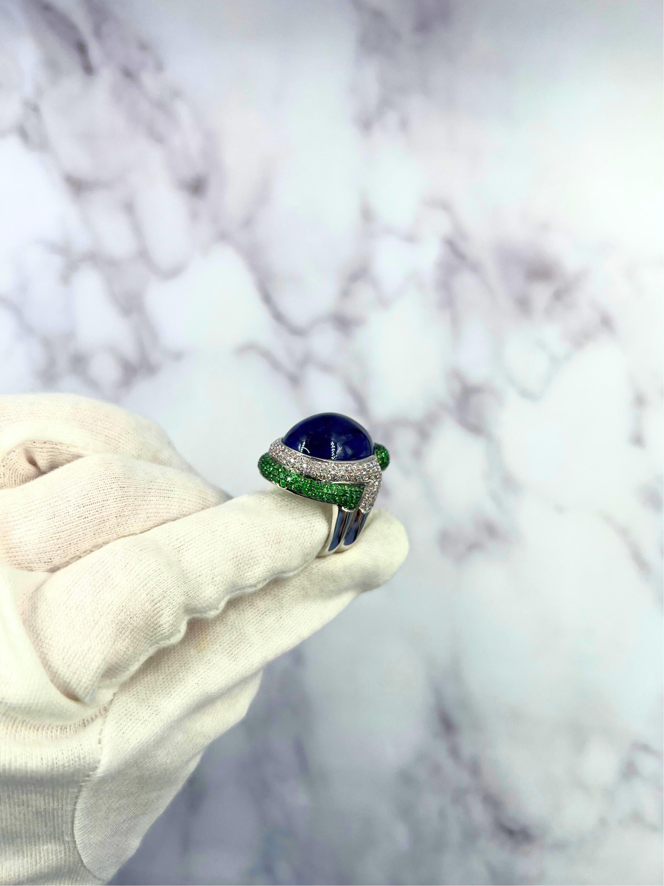 Blue Tanzanite Oval Cabochon Diamonds Tsavorites Pave 18k White Gold Unique Ring