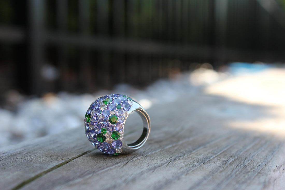 Blue Tanzanite Tsavorite Diamond Pave Sky Dome Chunky 18 Karat White Gold Ring