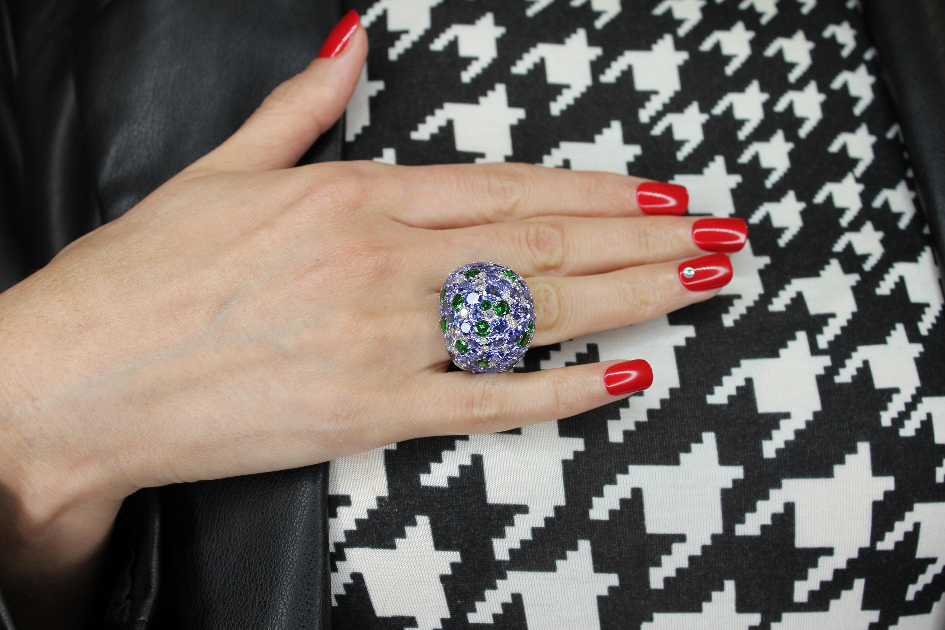 Blue Tanzanite Tsavorite Diamond Pave Sky Dome Chunky 18 Karat White Gold Ring