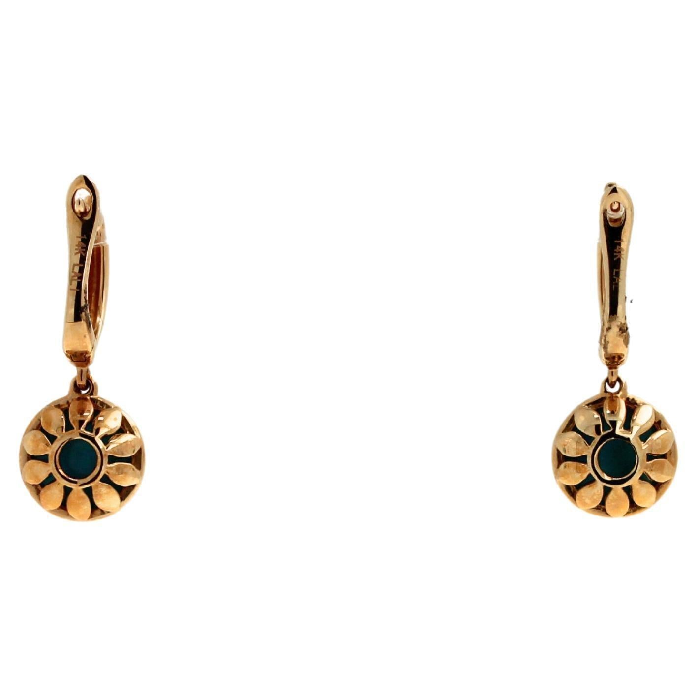 Blue Turquoise Round Cabochon Yellow Gold Huggie Drop Statement Dainty Earrings